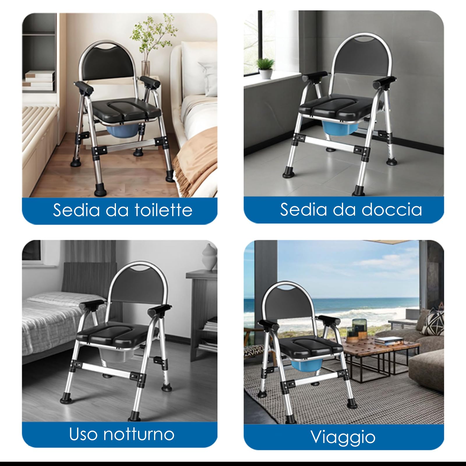 Sedia Comoda WC per Anziani, Sedia WC Pieghevole con Braccioli, Water Portatile per Adulti, Cesso Portatile Con secchio igienico e cuscino imbottito, Sedia da Doccia Disabili, (TY-0312)