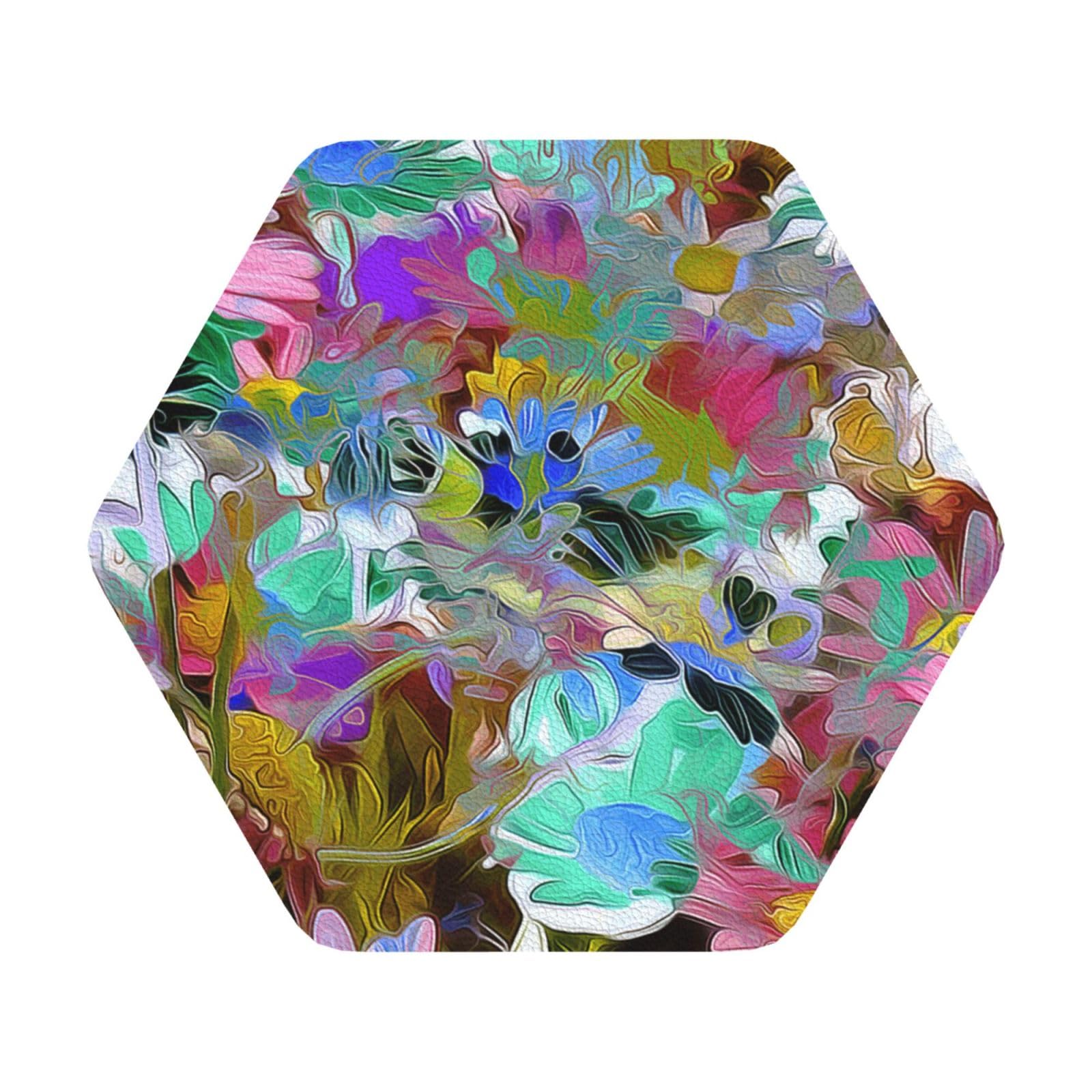 Colored flower PU Leather Coasters Set of 6 Hexagon Drink Coasters