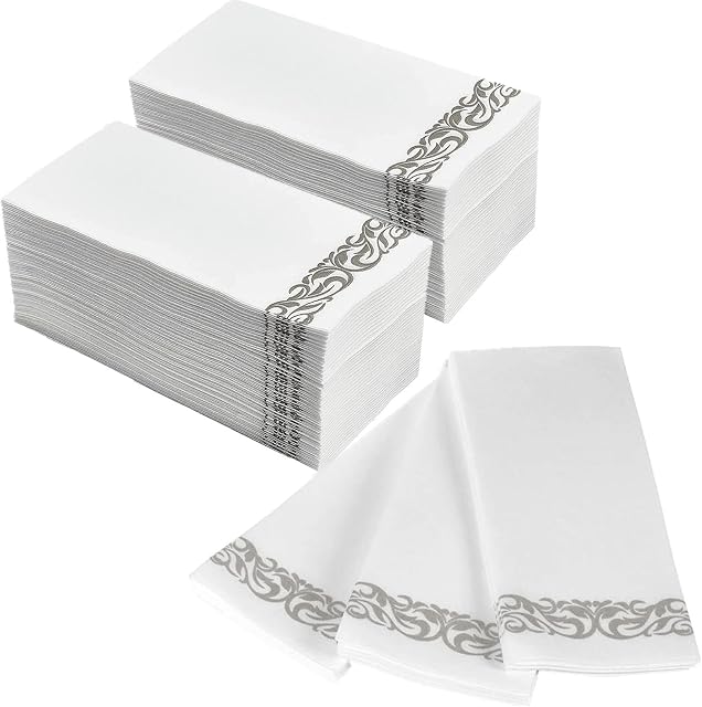 DADAWU Sliver Paper Napkins,Dinner Napkins,White Napkin,Disposable Hand Towels,Linen Feel Guest Towels,Bathroom Hand Towel,Disposable Cloth Like Paper,Pack of 100