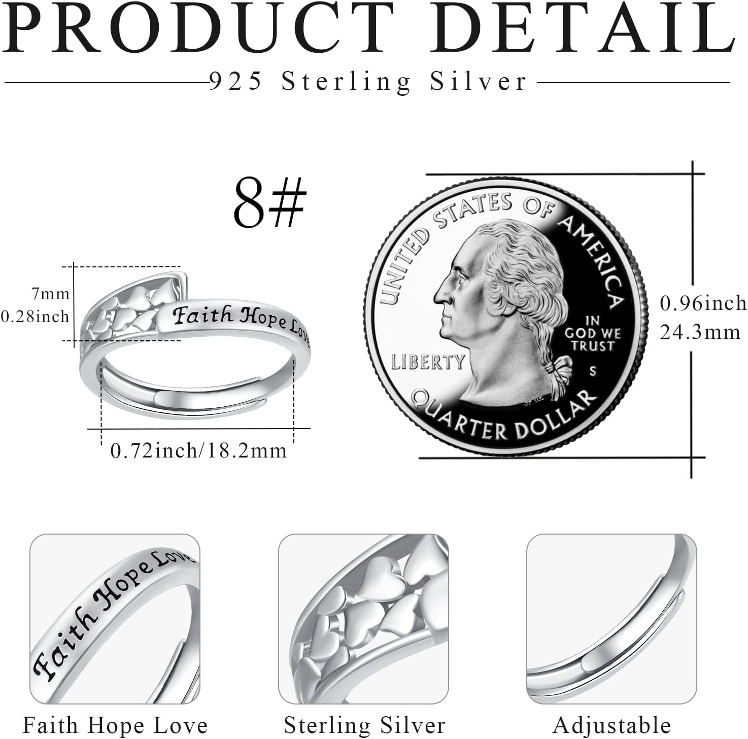 Faith Hope Love Rings Sterling Silver Adjustable Faith Heart Ring Faith Hope Love Jewelry Jesus Christian Gifts for Women Mother's Day - Image 5
