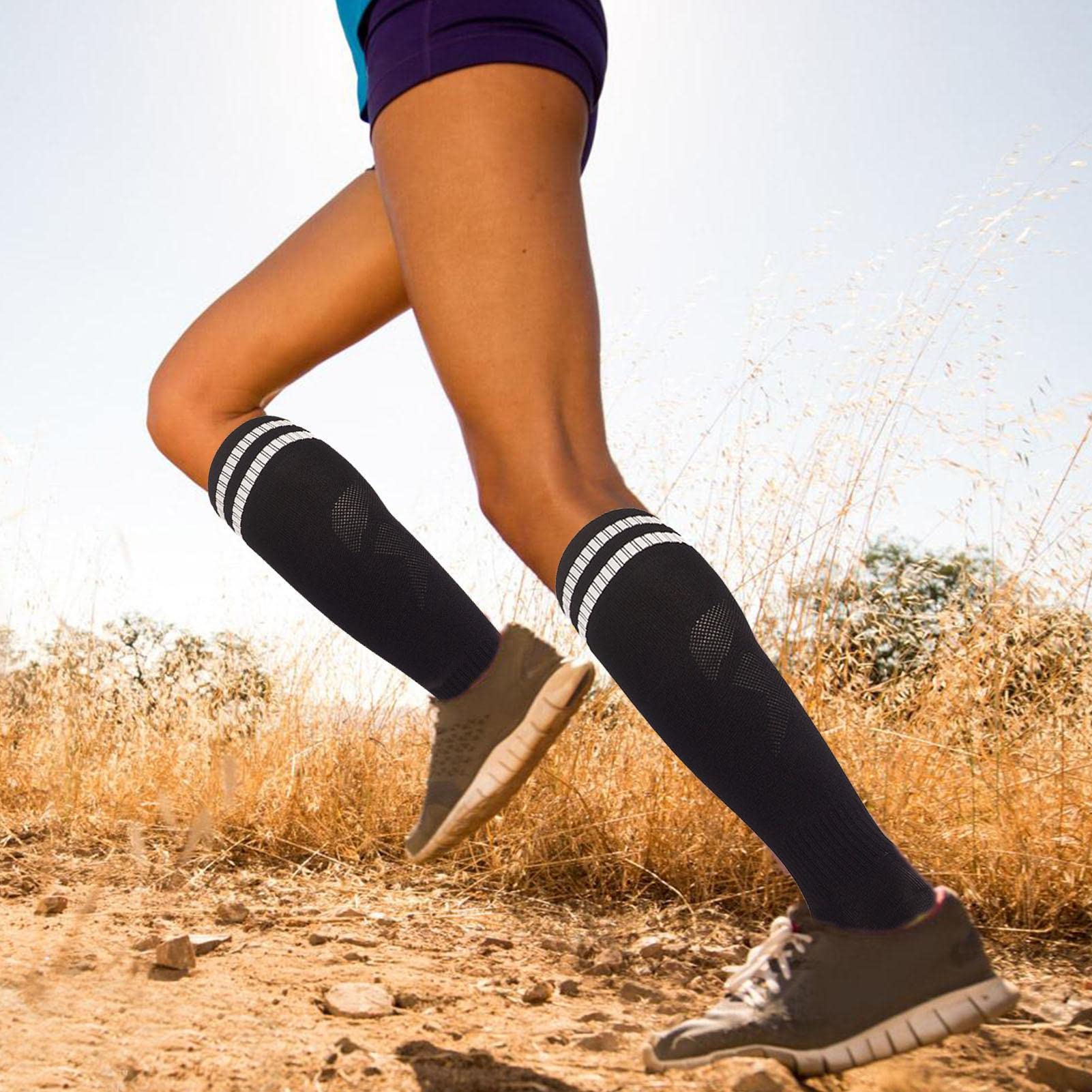 Calzini da calcio con strisce | Calzini da calcio antiscivolo a tubo lungo calzini alti al ginocchio, calze da calcio retrò a doppia striscia calze a compressione per sport all'aperto