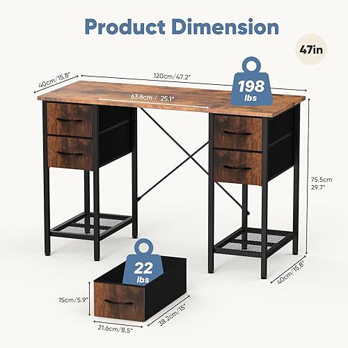 Miniatura 3 de DUMOS Escritorio para computadora de 47 pulgadas con 4 cajones, mesa de oficina en casa con estante de malla para trabajo, estudio, escritura,