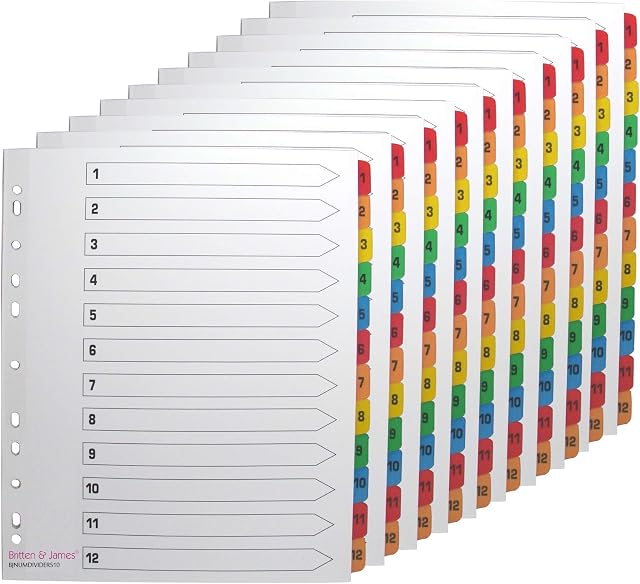 Britten & James Extra Wide File Index Dividers Numbered 12-Part 1-12 [Pack of 10 Sets]