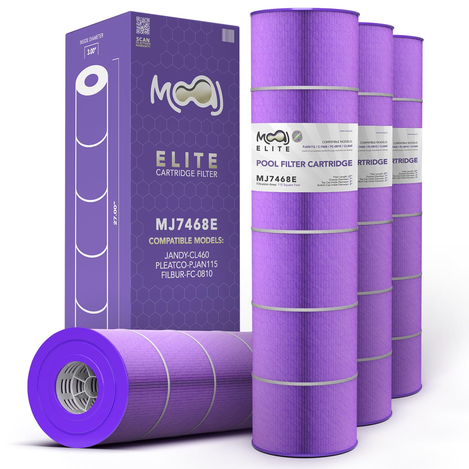 MOAJ Elite Pool Filter 4-Pack Replaces Jandy CL460, CV460, R0554600, A0558000, PJAN115, PJAN115-PAK4, Filbur FC-0810, Unicel C-7468, XLS-705 | 26 15/16" x 7 1/8" | 115 SF | Aseptic Hex-Flo Filtration