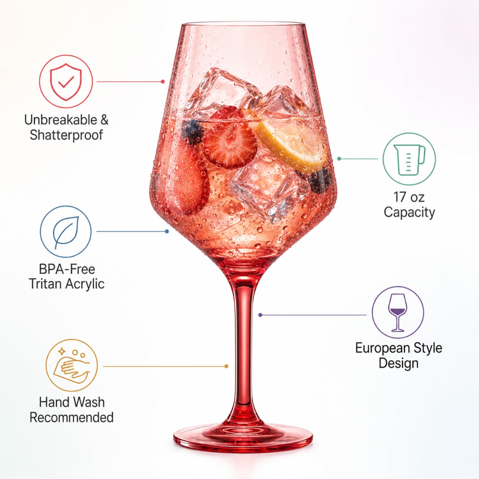 Lot de 12 verres à vin à pied en plastique incassable de style européen Tritan Couleurs vives incassables Sans BPA Pour extérieur, piscine, intérieur, lavage à la main 500 ml Cadeau quotidien et