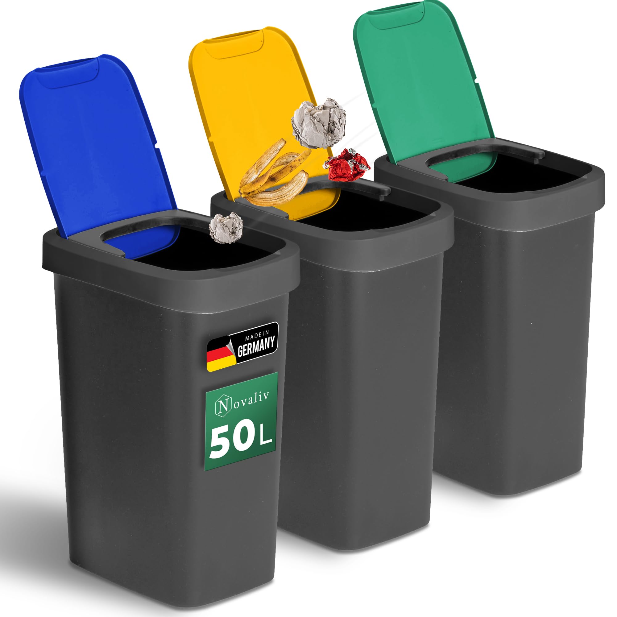 Novaliv Mülltrennsystem 50L 3er Set Mülleimer mit Schwingdeckel, Mülltrennung Küche Abfalltrennung, Blau Gelb Grün, Recycling Wertstoff Mülltrennsystem Abfallbehälter Küche Haushalt Büro Müll Eimer