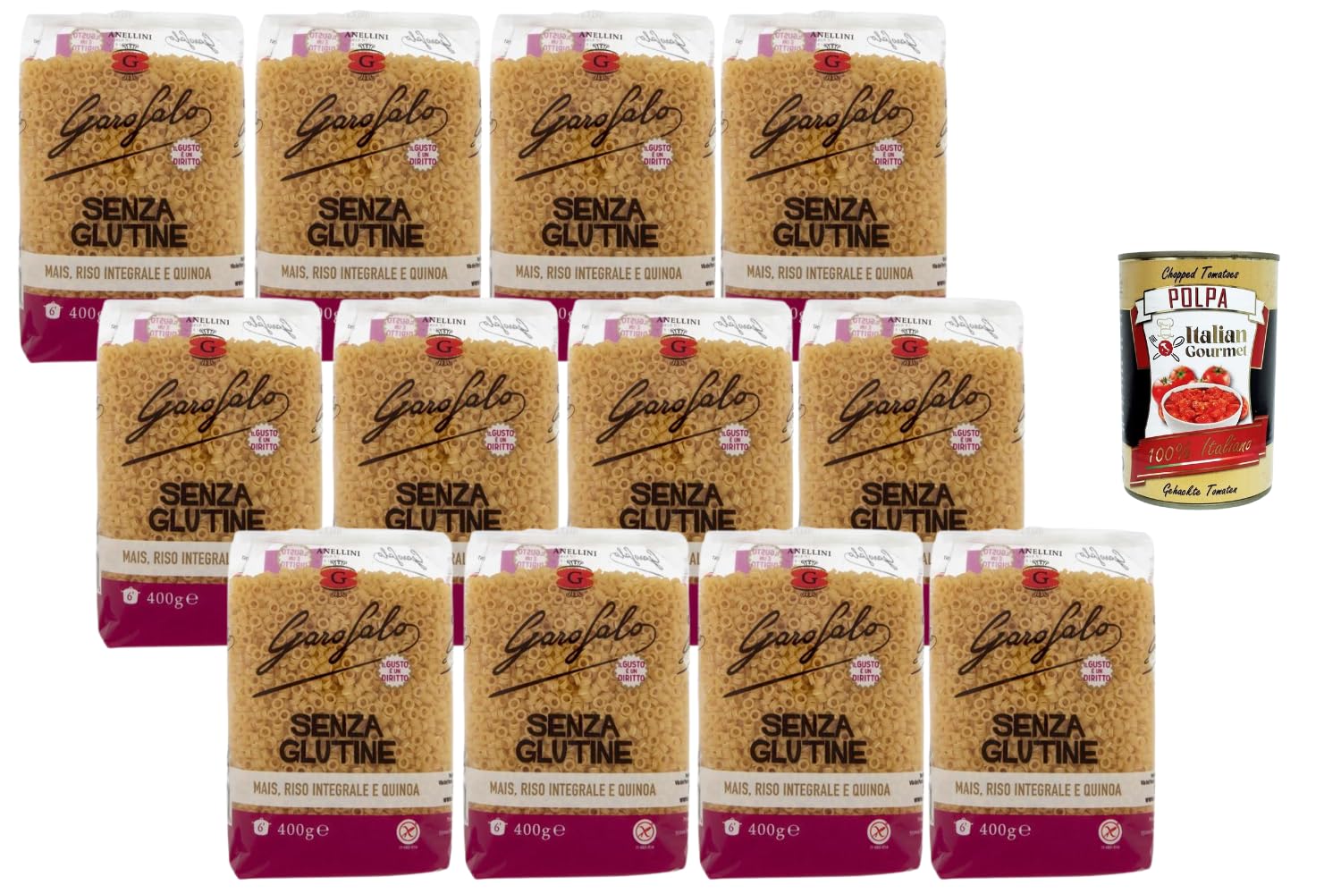 Italian Gourmet Glutenfreie Anellini Pasta – Mais, Vollkornreis & Quinoa – 12x400g Vorratspack – ideale für Suppe & Pasta – italienische Nudeln ohne Gluten + Italian Gourmet Polpa