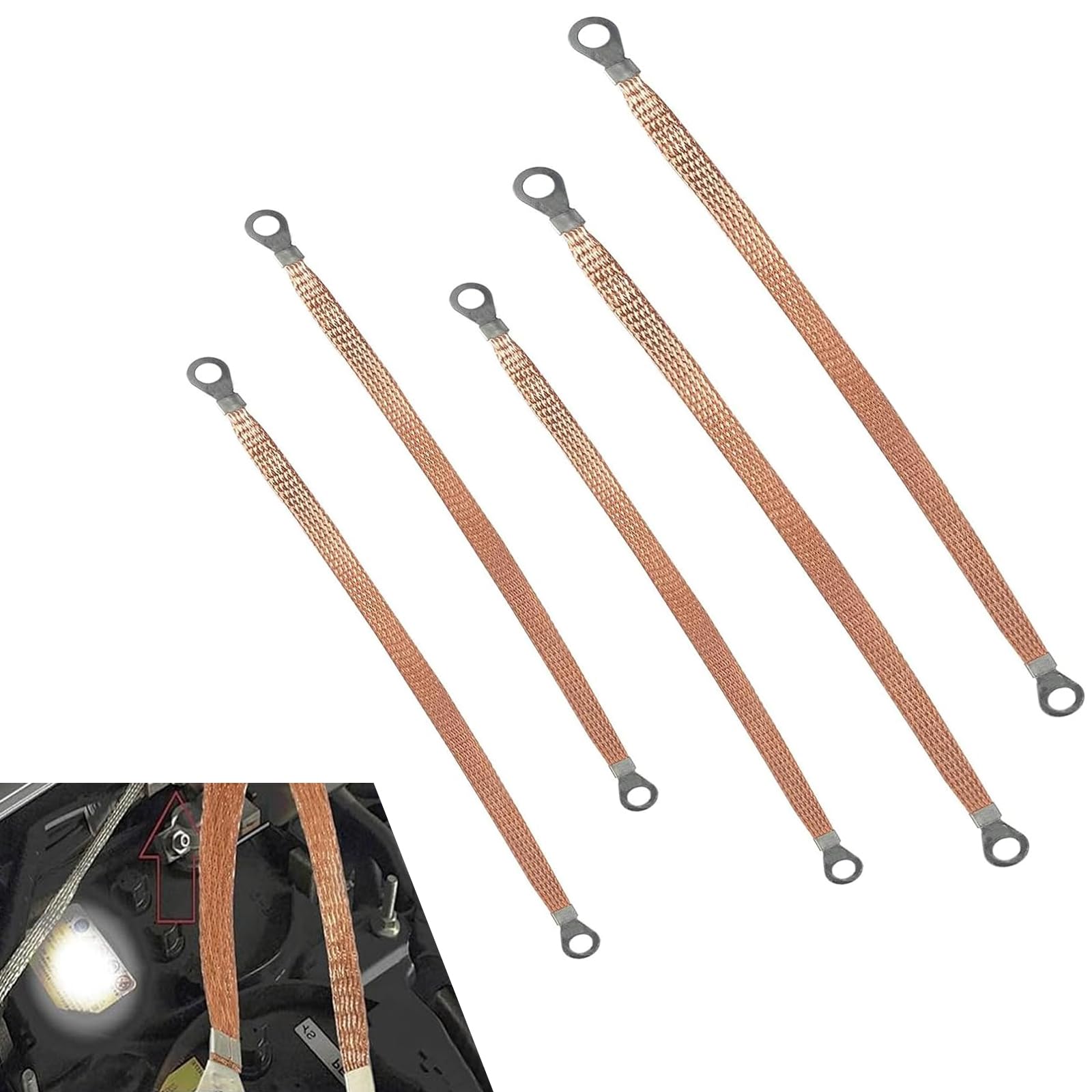 Ajxn 5 PCS Car Engine Grounding Strap, 6mm² 9.84"/12.99" Eight-hole Flexible Distribution Box Jumper Bridge Connection Wire Door Braided Tape, Cable Tray Connecting Wire Accessories, for Cars (Gold)