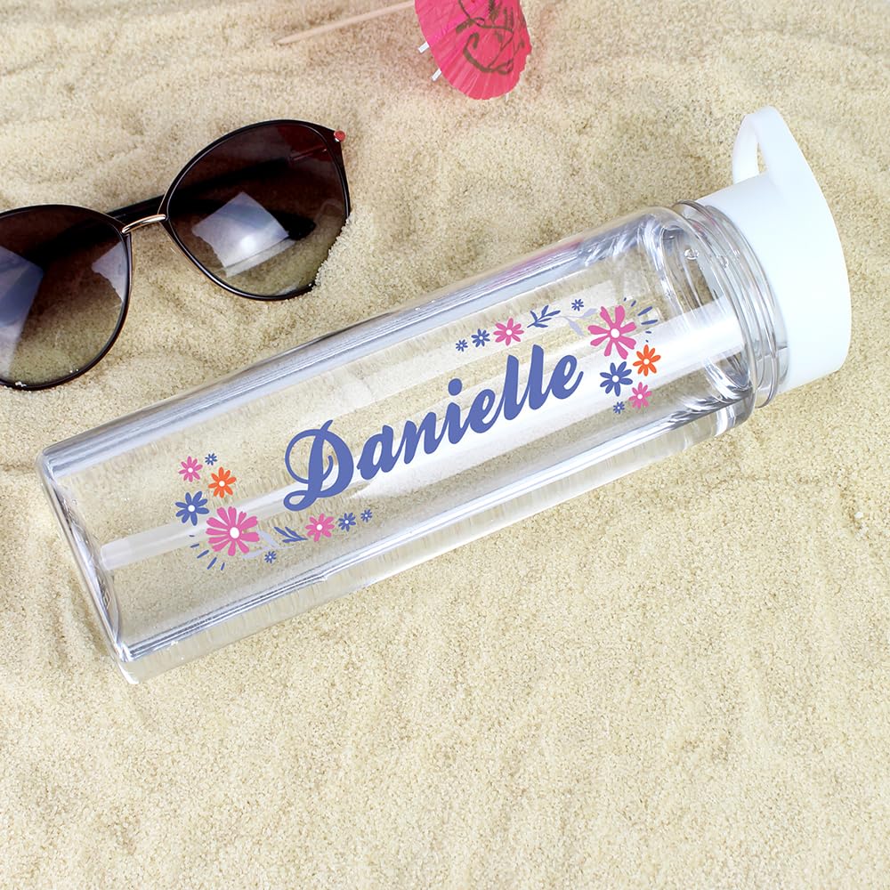 Personalised Memento Girls Purple Personalised Name Floral Clear Water Drinks Bottle With Straw Bpa Free Ideal For Kids,Teachers,Work,School,Cycling,Gym,Camping