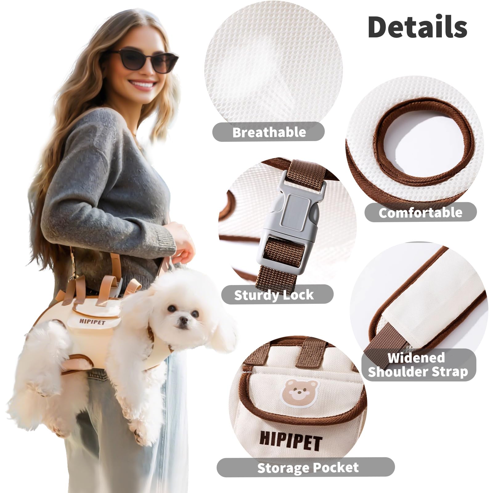 PETCUTE Sac à Bandoulière Mains Libres pour Chien,Sac de Transport pour Chiens avec Poche,Respirant Harnais de Levage pour Chien avec Bandoulière,Réglable Sac à Dos de Transport pour Chat et Chiots