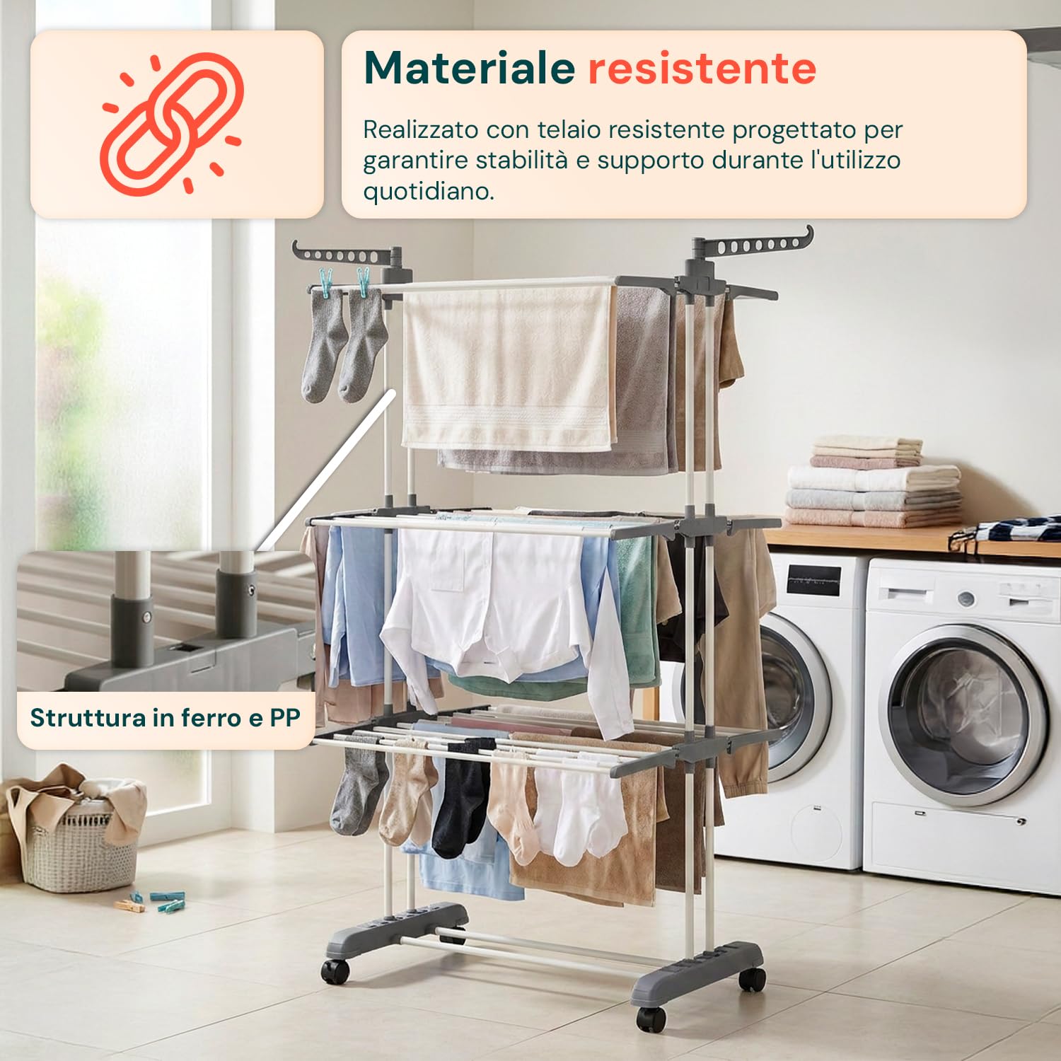 Avilia - Stendino Verticale 3 Livelli con Ruote Pivottanti – Stendibiancheria Verticale Salvaspazio PP+Ferro, 20 kg | Stendino Salvaspazio L105×P64×A173 cm, Bracci 29 cm (Grigio Scuro)