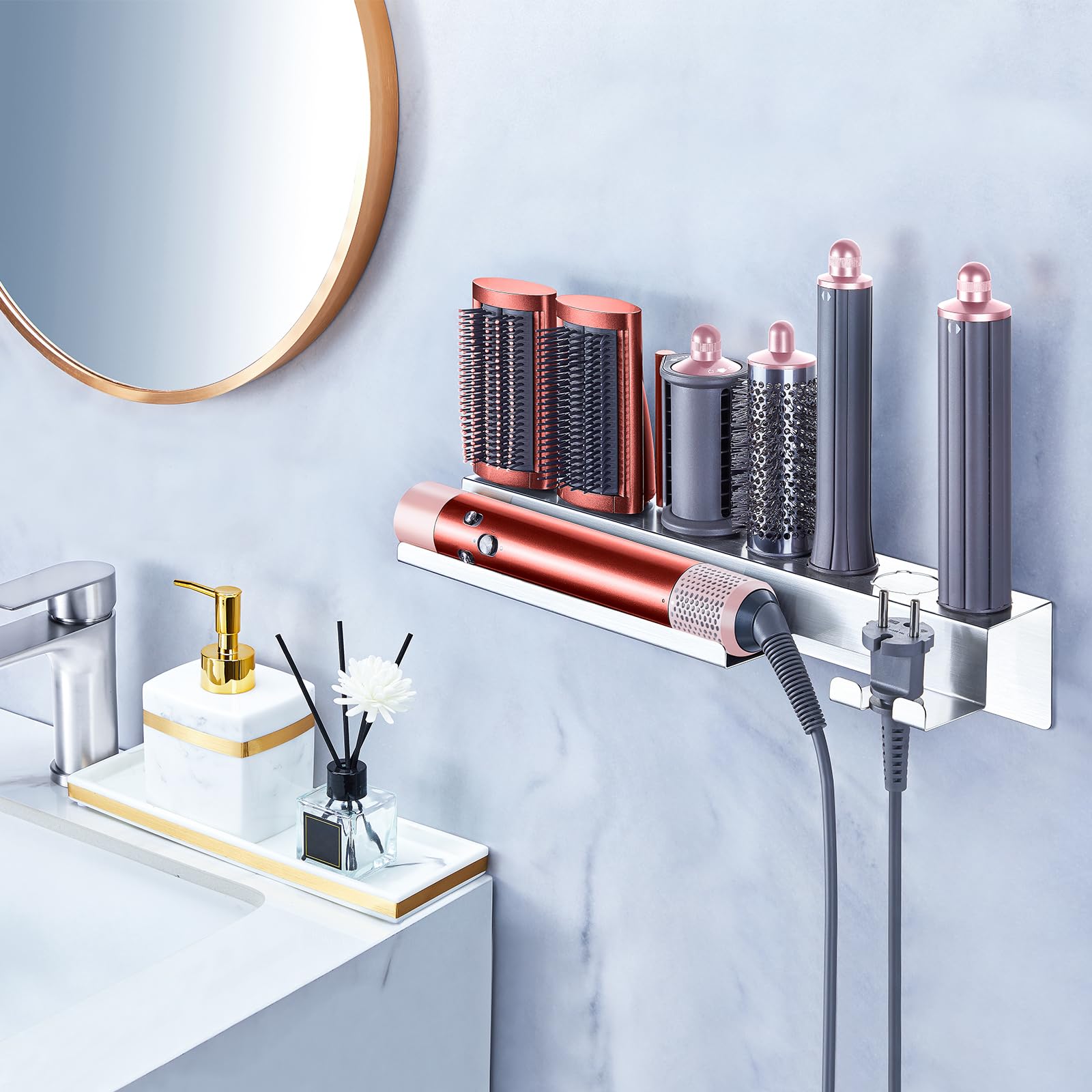 Wandhalterung Halter für 7 In 1 Styler Lockenstab Zubehör, Glätteisen Halterung, Föhnhalter Wand Ohne Bohren, Halterung für Föhn und Glätteisen Aufbewahrung, Lockenstab Halterung Fönhalter für Bad