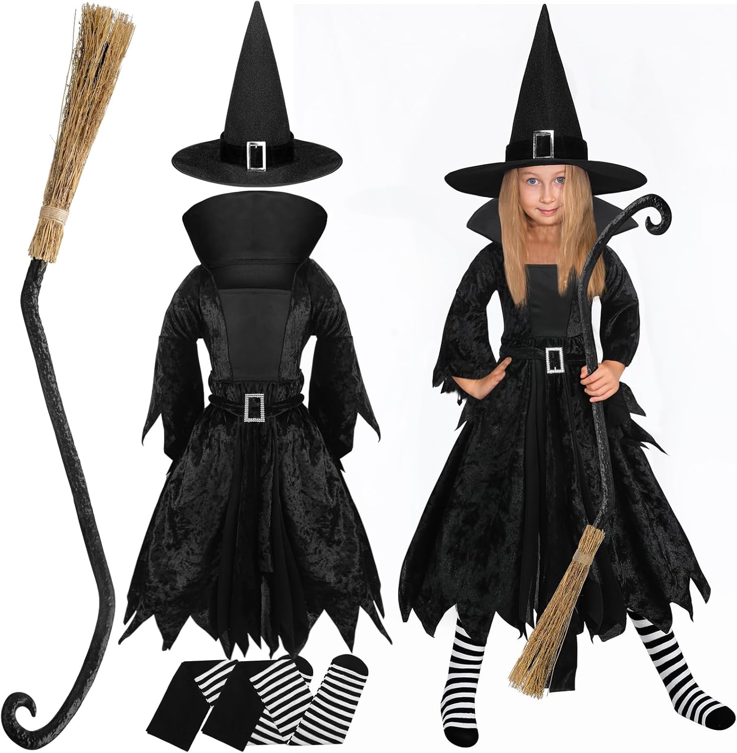 Mepase Disfraz de bruja de Halloween para niña, accesorio de hechicera gótica, sombrero de escoba de bruja, medias de rayas blancas y negras para