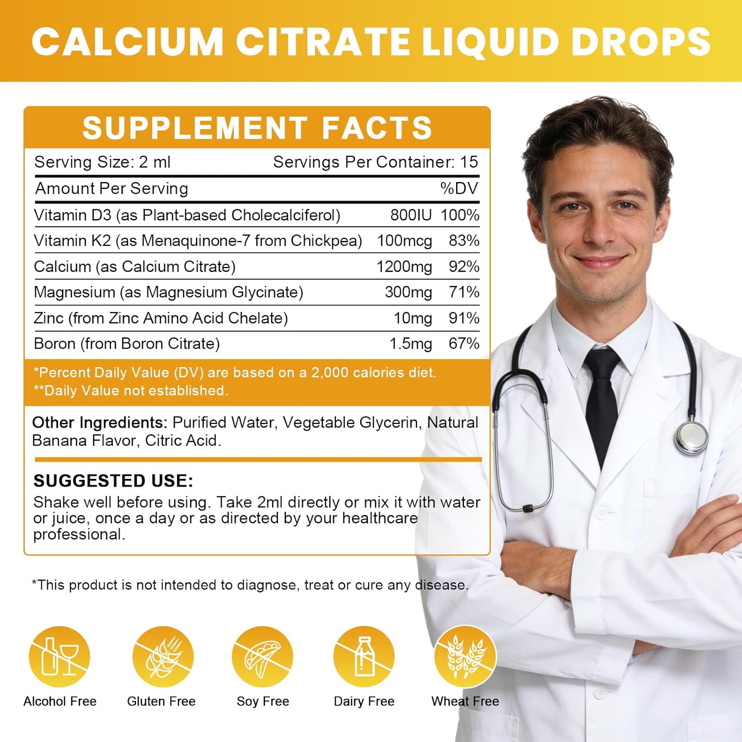 Calcium Citrate 1200mg Liquid Supplement with Vitamin D3 for Women & Men - Calcium Magnesium Zinc D3 K2 Supplement for Bone, Teeth, Immune Support - Sugar Free, Vegan, Banana Flavor - 1 Fl Oz (2 Pack)