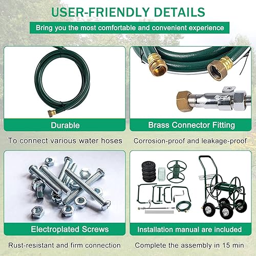 Miniatura 3 de Carrete de manguera de jardín con ruedas, carrete de manguera de agua de 300 pies, 58 pulgadas x 6 pies, carrito de carrete de manguera de metal