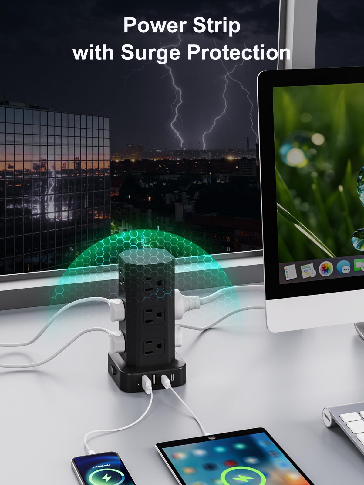 Protector de sobretensiones de torre, cable de extensión de enchufe plano de 6 pies con múltiples tomas, 12 salidas de CA, 4 USB (2 USB C), estación de carga de computadora con protección contra
