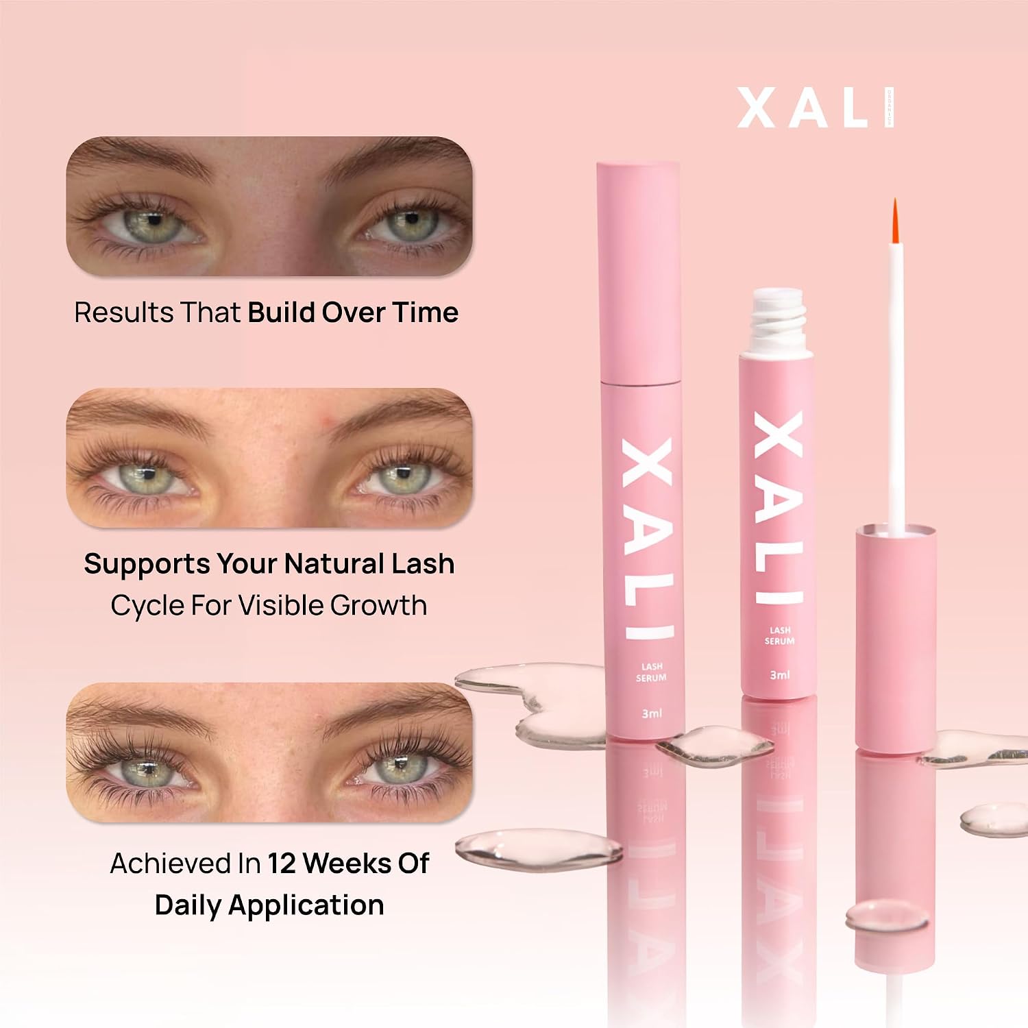 Xali Eyelash Growth Serum for Sensitive Eyes | Prostaglandin-Free Peptide Formula for Sparse, Thinning Lashes | Grow Fuller, Longer & Thicker Lashes | Easy Daily Application (3 ml – 60 Day Supply)