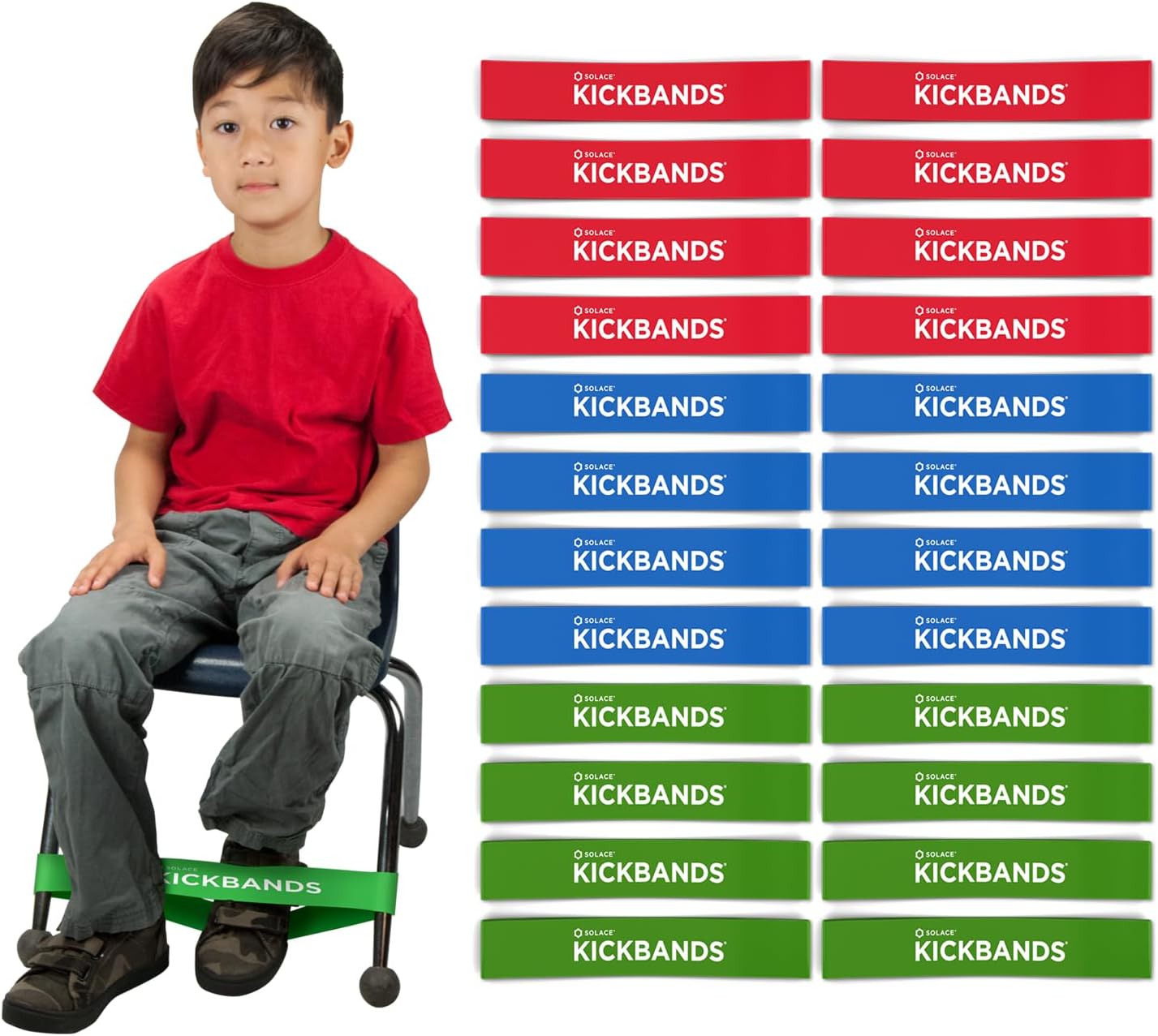 KICK BANDS Chair Bands for Kids with Fidgety Feet 24-Pack - ADHD Fidget Kickbands for Classroom Chairs & Desks - Solace Sensory Kickband (RGB)