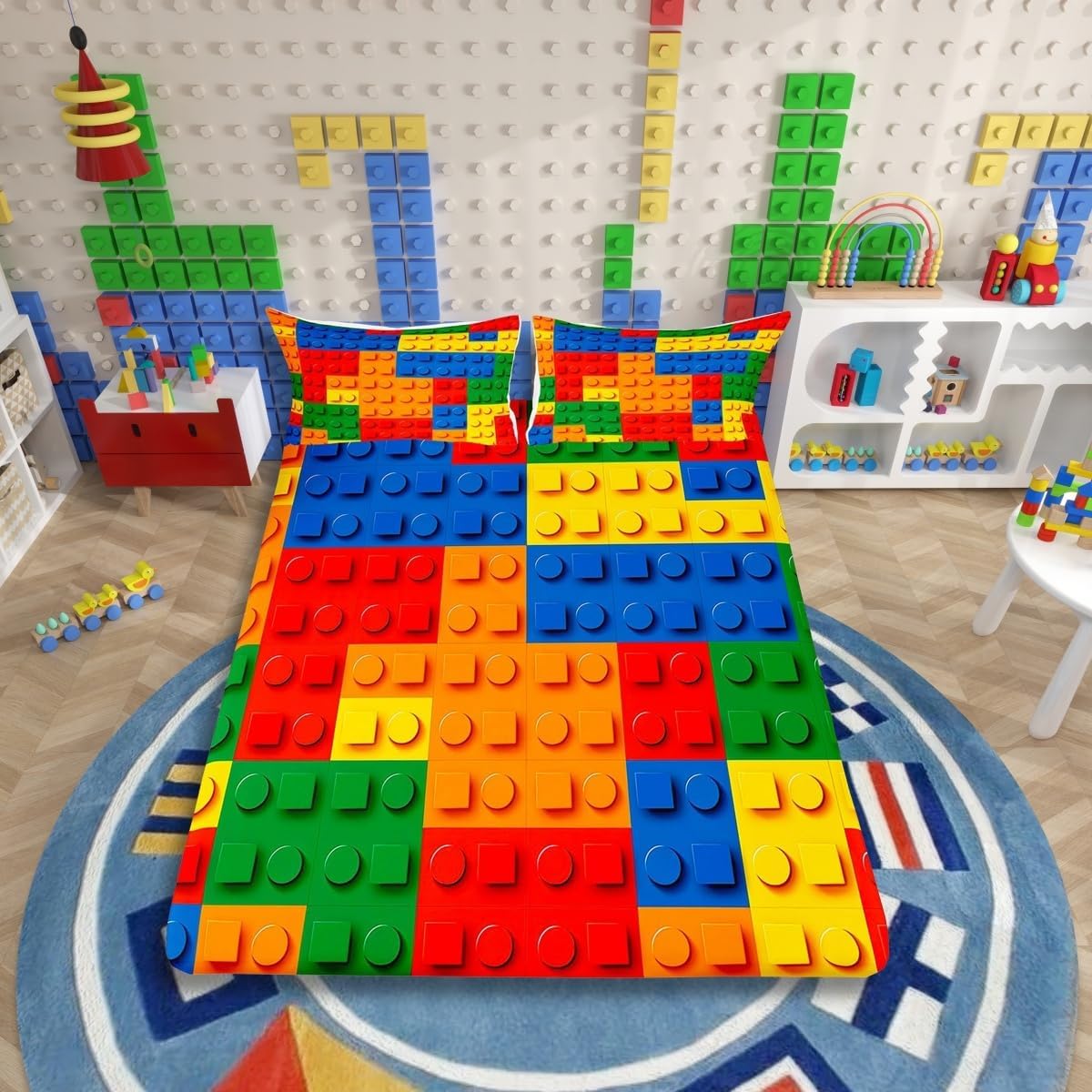 Erosebridal 3D Building Blocks Bed Sheets,Construction Fitted Sheet Full Size,Colorful Rainbow Bricks Bed Set,Gaming Bedding Set with 2 Pillowcases,no Flat Sheet