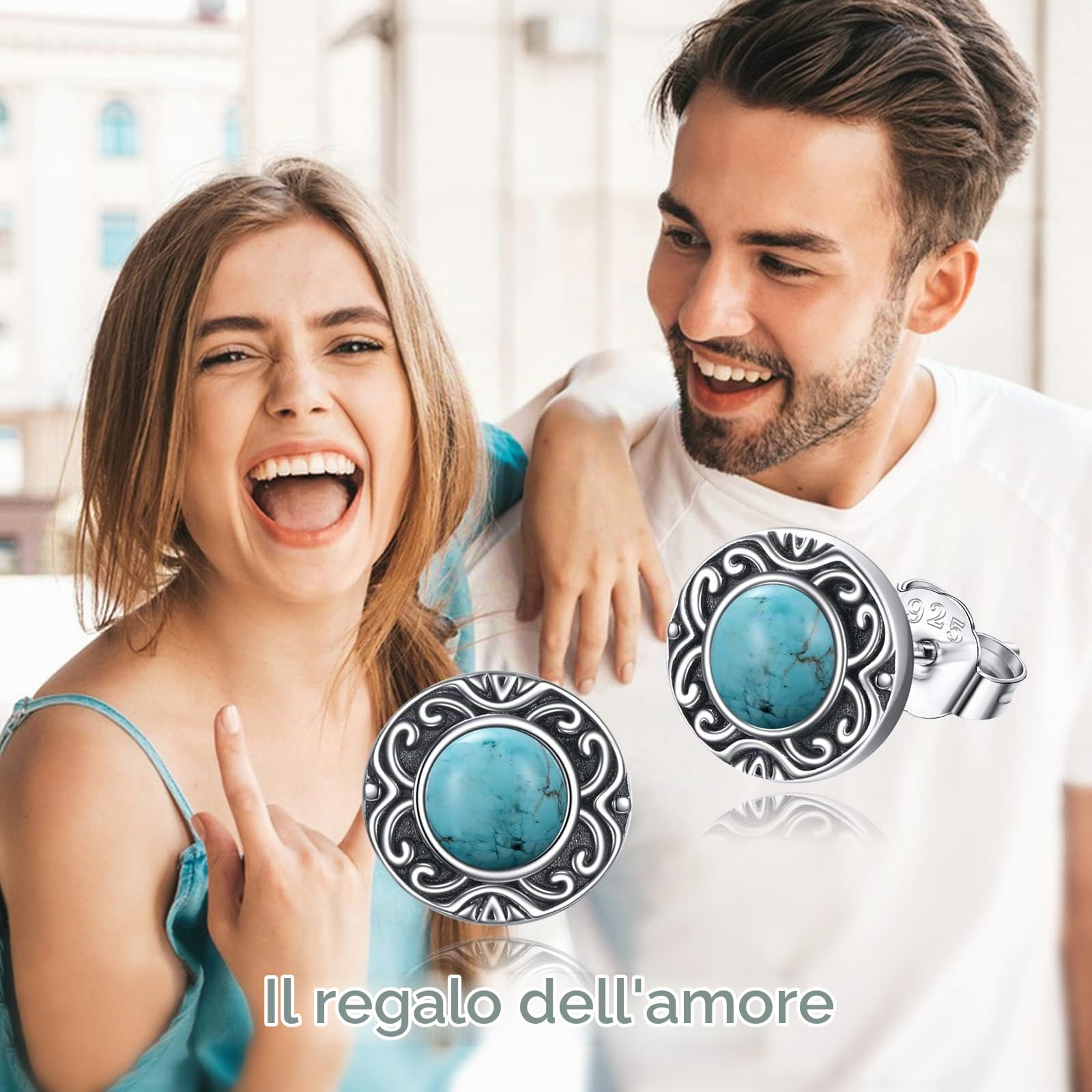 YFN Orecchini in Argento 925 con Pietre Turchesi - Orecchini Tondi Donna con Perni Gioielli Regali per le Donne e Ragazze
