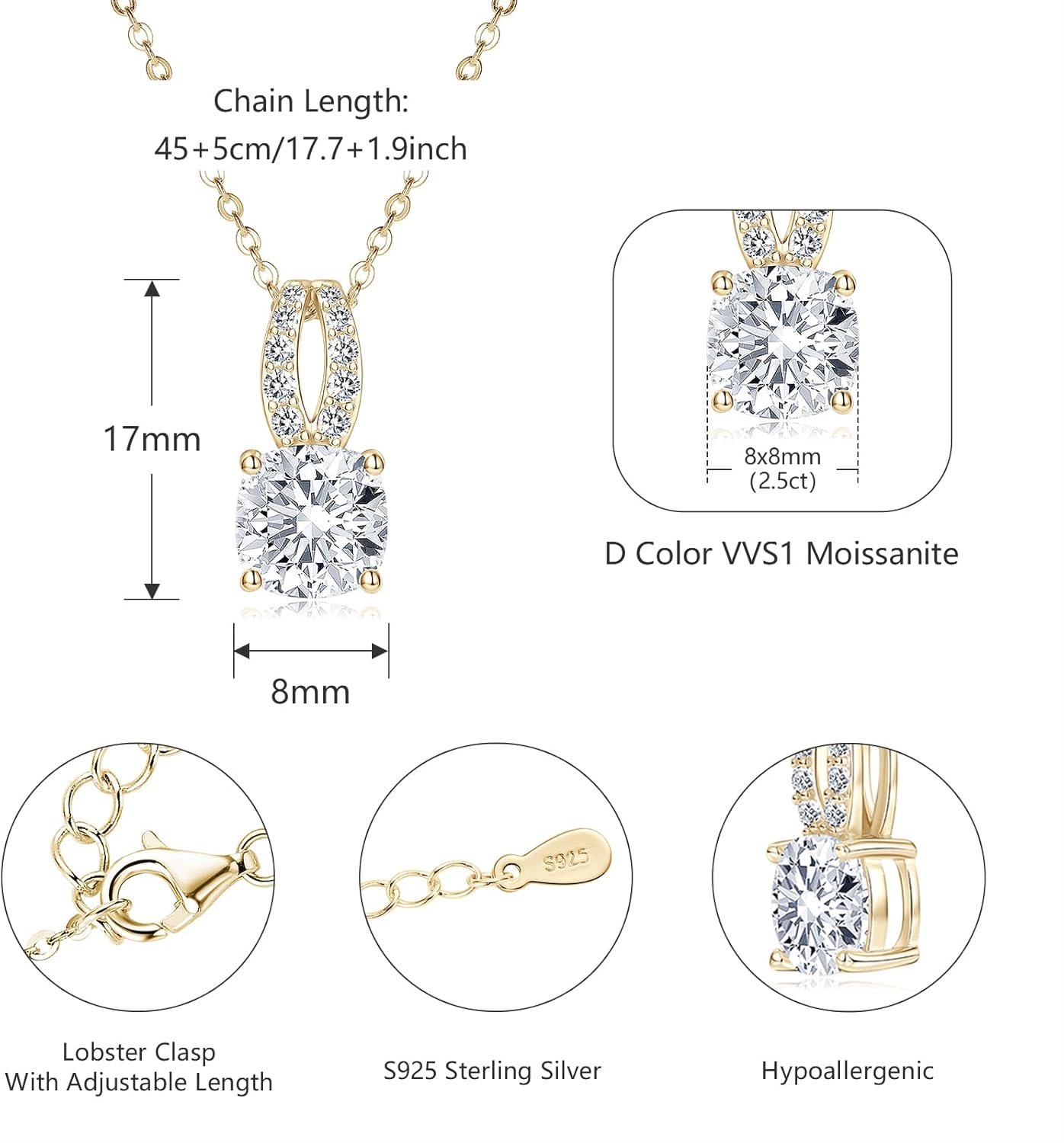 2.5CT Cushion Pendant Necklace for Women, D Color 8x8mm Cushion Cut Moissanite 925 Sterling Silver Rabbit Pendant for Wife Mom Birthday Gifts - Image 3