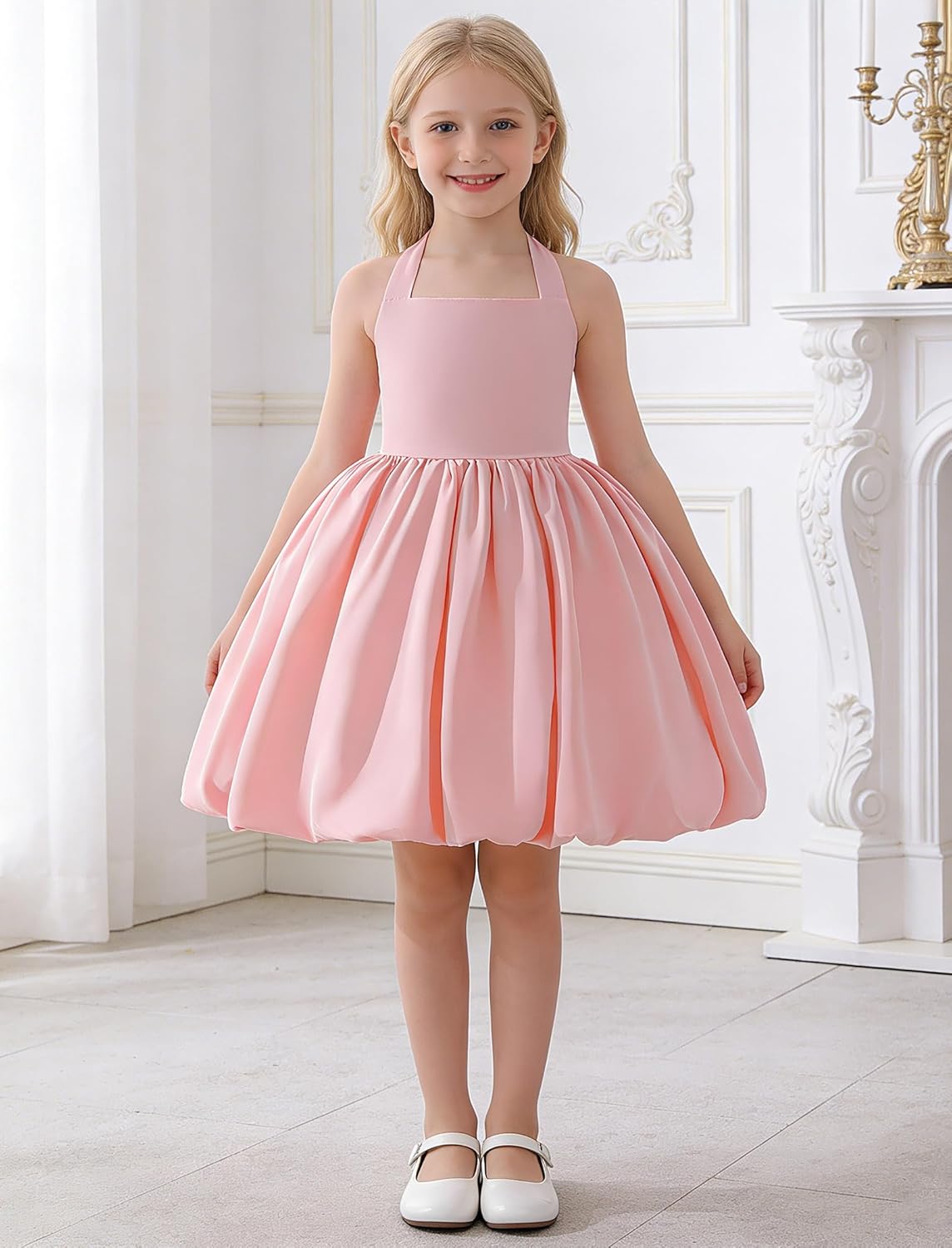 OBEEII Kids Girls Halter Bubble Ruffle Dress Summer Sleeveless A-line Solid Color Midi Dress Elegant Formal Prom Gown