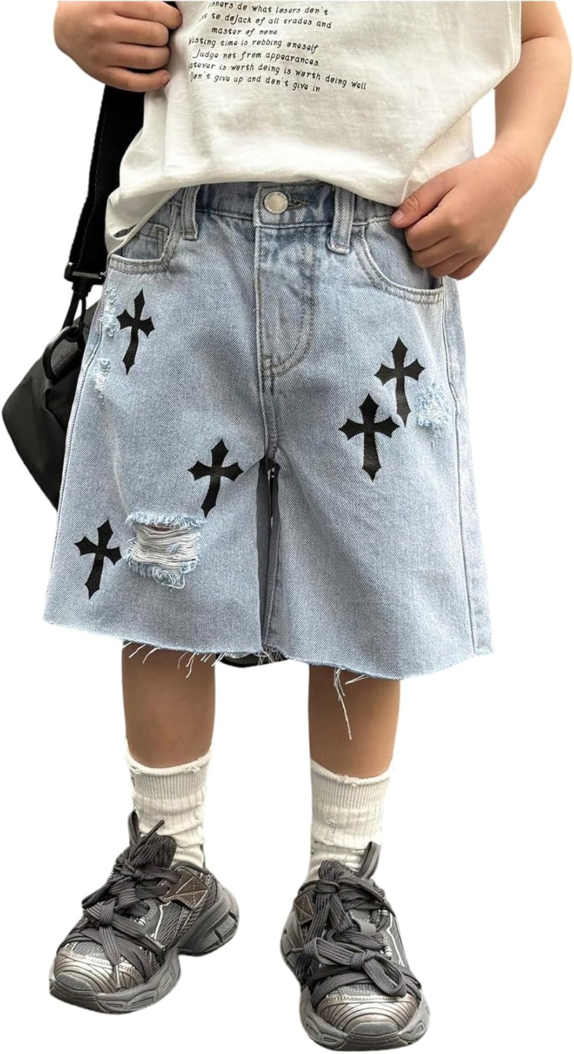 WDIRARA Boy's Cross Print Ripped Bermuda Denim Shorts Wide Leg Frayed Baggy Jean Shorts