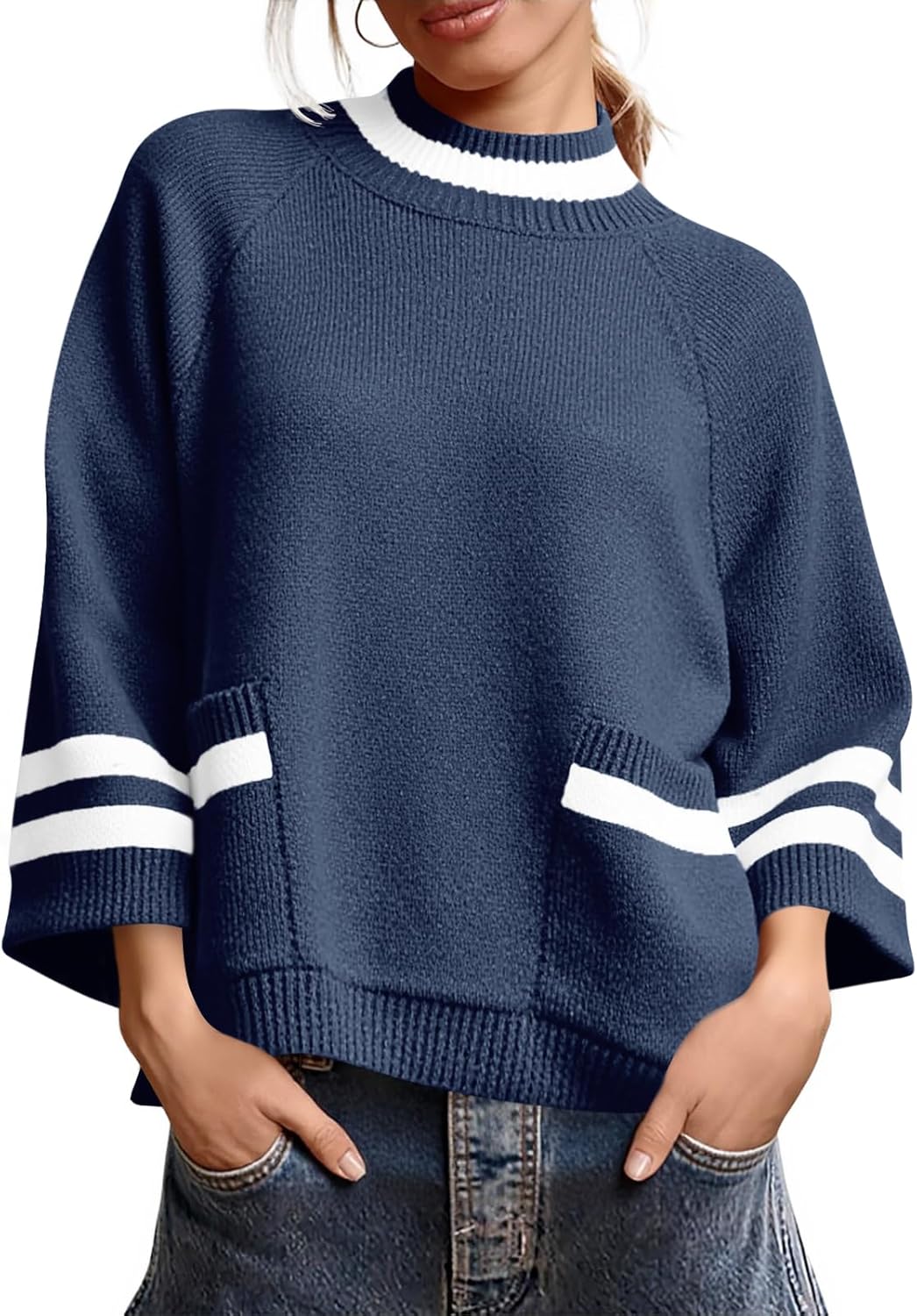 Cicy Bell Womens Oversized Sweater 3/4 Sleeve Mock Neck Color Block Chunky Knit Sweaters Casual Fall Pullover Tops - Image 2