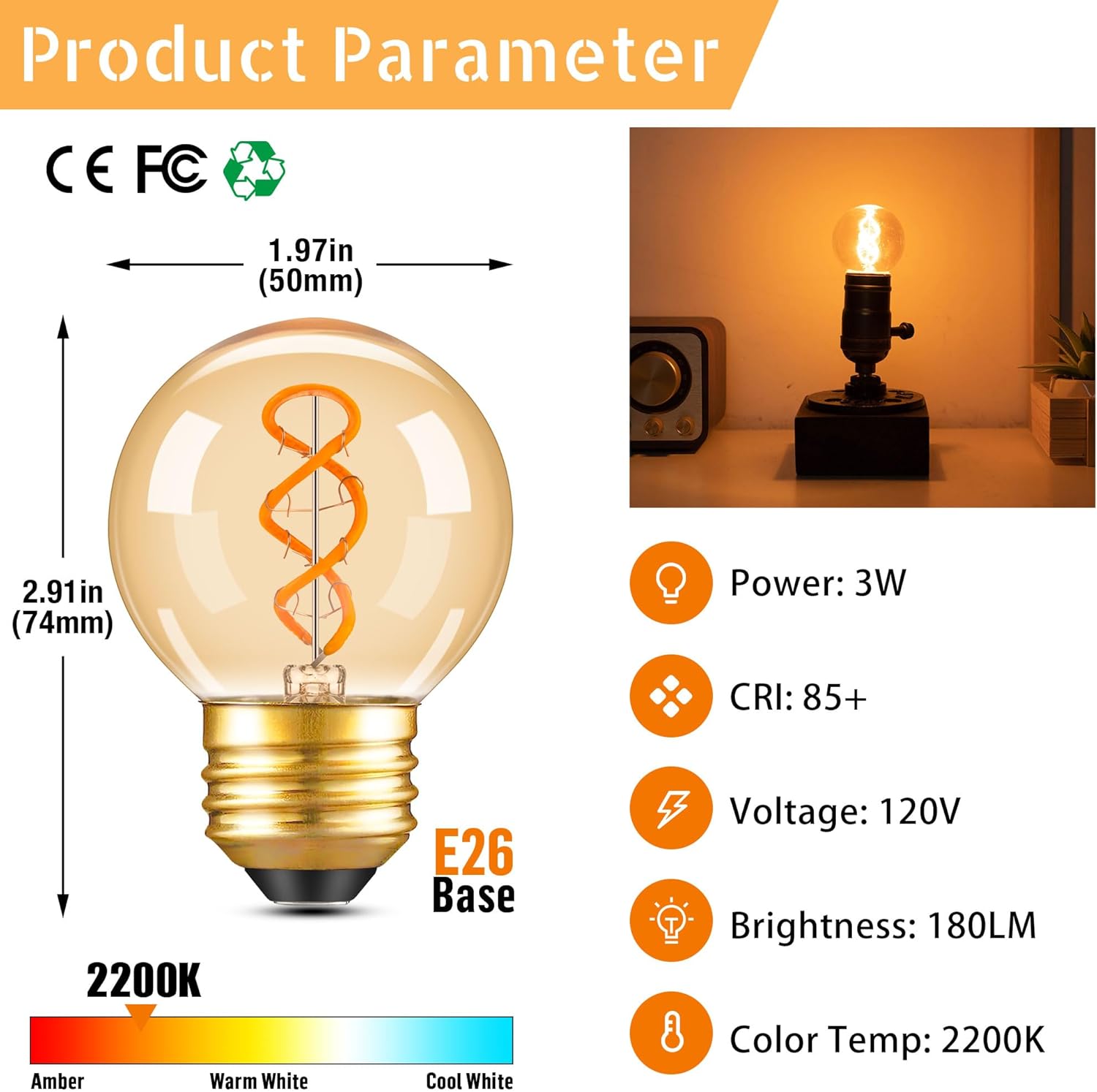 Dimmable E26 Vintage Amber LED G16.5 Light Bulb 25W Equal 3W Short Light Bulbs,G16.5/G50 Small Round Edison Bulbs Spiral Filament Light Bulbs for Pendant,Sconce,Vanity,Soft White 2200K,180LM,6 Pack