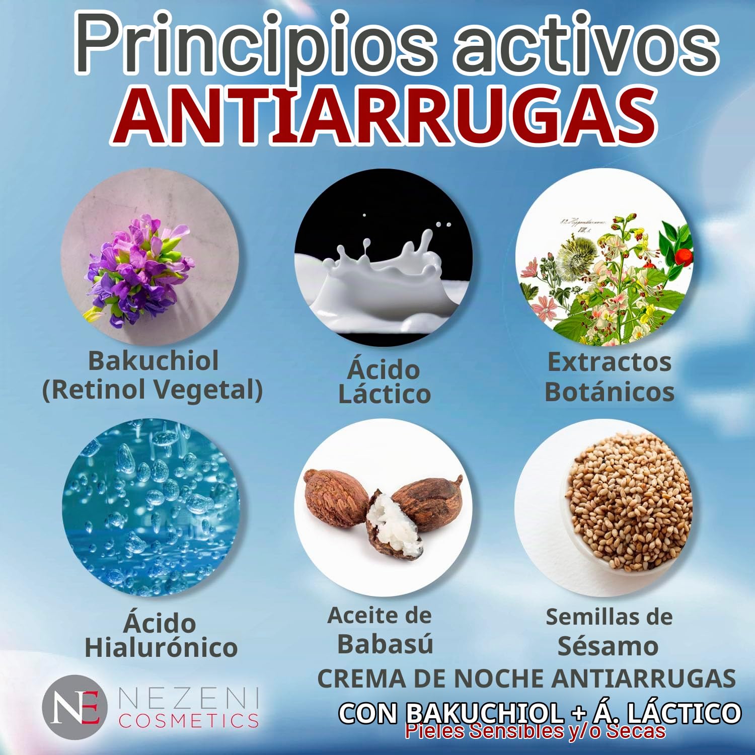Nezeni Crema Noche BAKUCHIOL 3% Antiarrugas Mujer/Hombre 26 Activos | Rellenador Arrugas Profundas | Crema Antiarrugas Noche Reafirmante Cara, Cuello y Escote | Piel Seca y/o Sensible