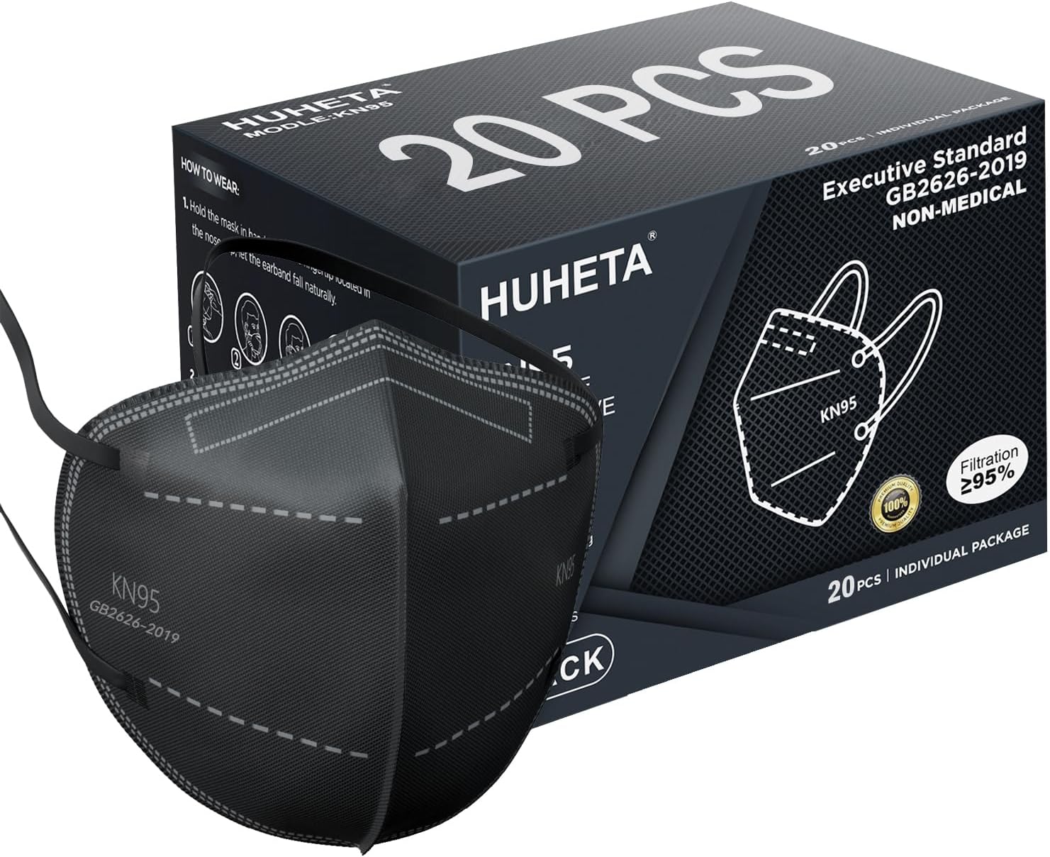 HUHETA KN95 Face Mask 20 Packs, 5 Layer Safety Mask with Elastic Ear Loop and Nose Bridge Clip, Filter Efficiency Over 95%, Protective Masks for Indoor and Outdoor Use (Black Mask)