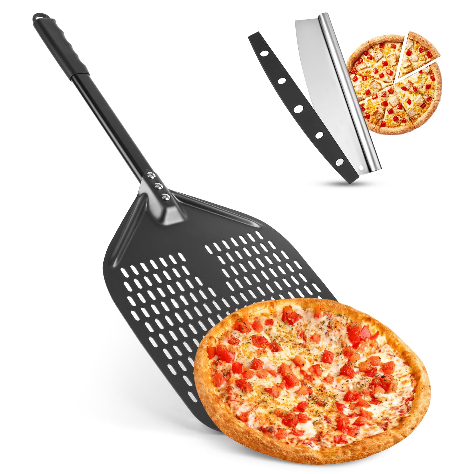Perforierter Pizzaschieber 12 zoll Pizza Schaufel aus Harteloxiertem Aluminium mit 32cm Pizzamesser für Hausgemachte Pizza & Brot ideal für Pizzastein Backofen & Grill