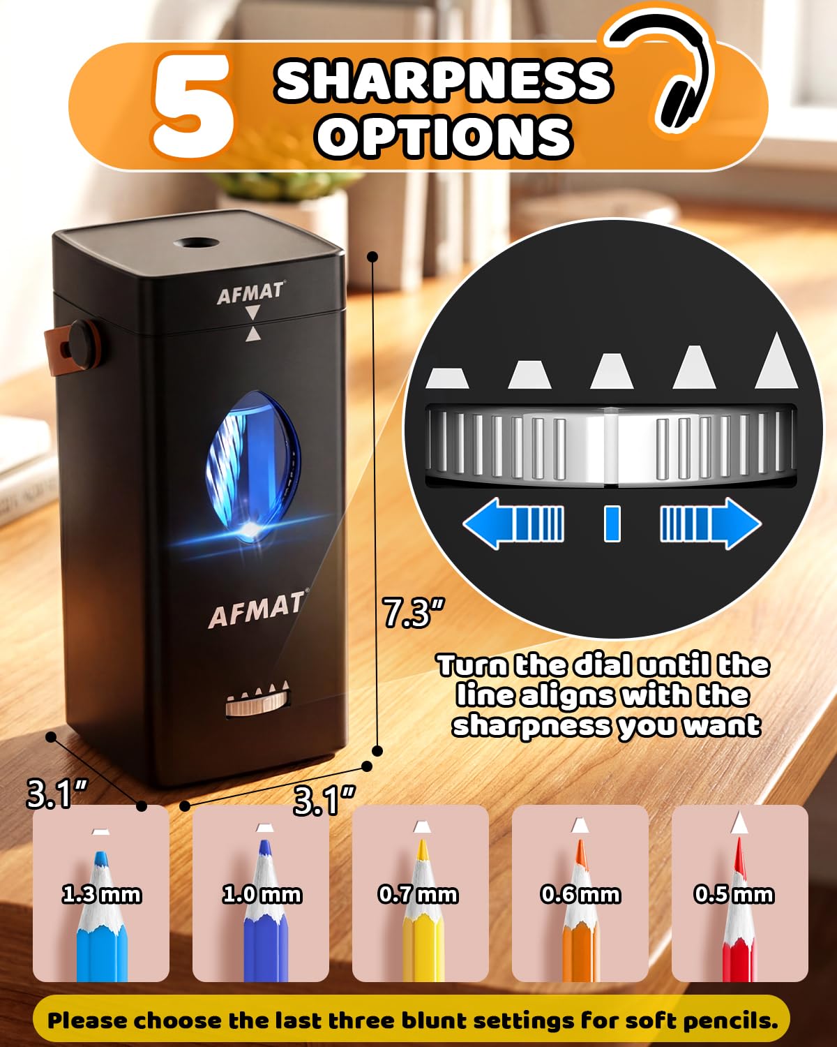 AFMAT Temperamatite Elettrico con Maniglia di Trasporto,Temperino Automatico per Matite Spesse 6,5-12 mm, Pulsante Regolabile,Batteria 2500 mAh, Temperino Portatile per Scuola,Lavoro,Ufficio,Nero PSC7