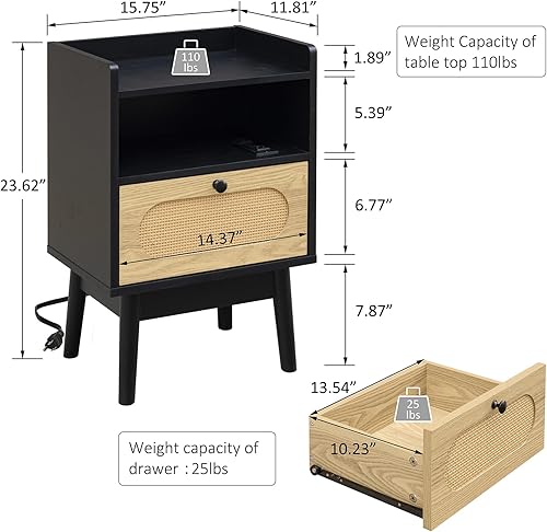 Miniatura 3 de Lomojo - Mesita de noche de ratán con estación de carga, mesita de noche moderna, mesa auxiliar bohemia de madera, mesa pequeña de mediados de siglo