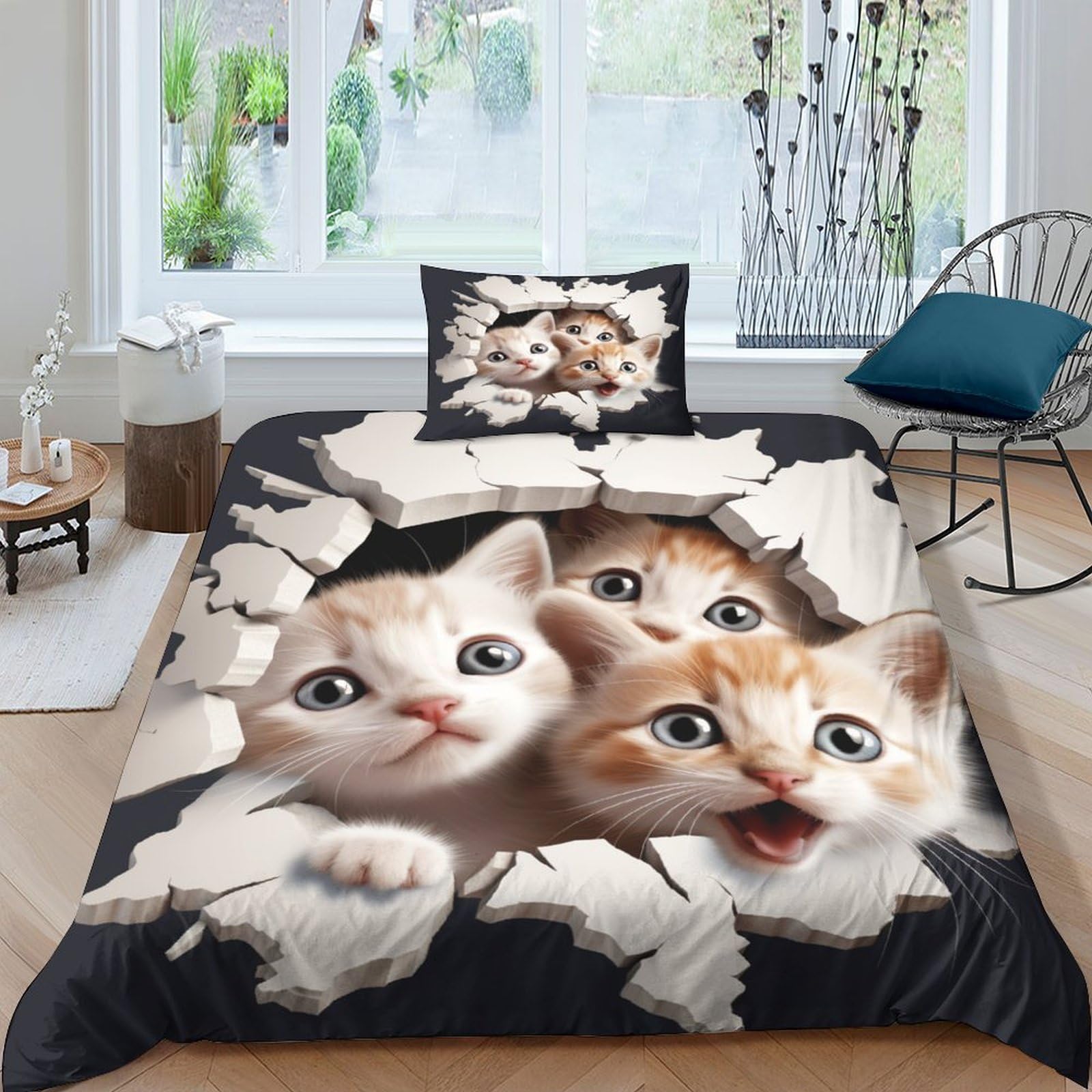 Housse de couette chat 3D 135x200cm en microfibre douce avec 2 taies d'oreiller