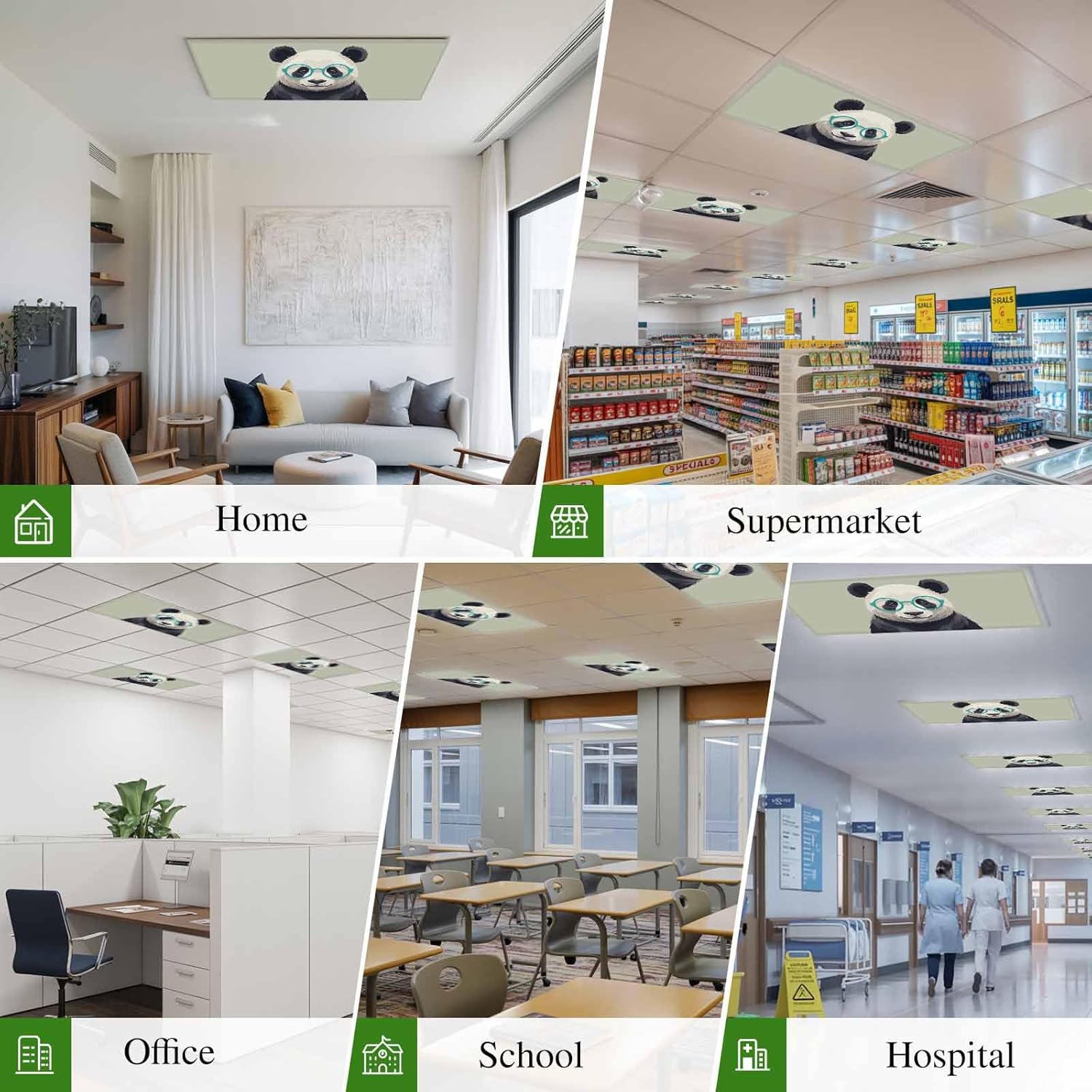 Sage Green Cute Panda Fluorescent Light Covers for Ceiling Lights 4x2 feet,4 Pack Magnetic Light Filters for Classroom,Funny Animals Modern Art Fluorescent Lamp Shade Panel for Office School Drop Home