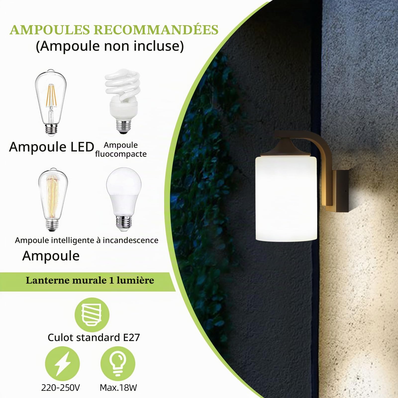 HLFVLITE Lampe Murale Extérieure, Lampe Murale Extérieure Étanche, Lumière De Porche Grise, Éclairage Mural Avec Abat - Jour Blanc Mat Et Douille E27 Pour Garage, Jardin, Terrasse
