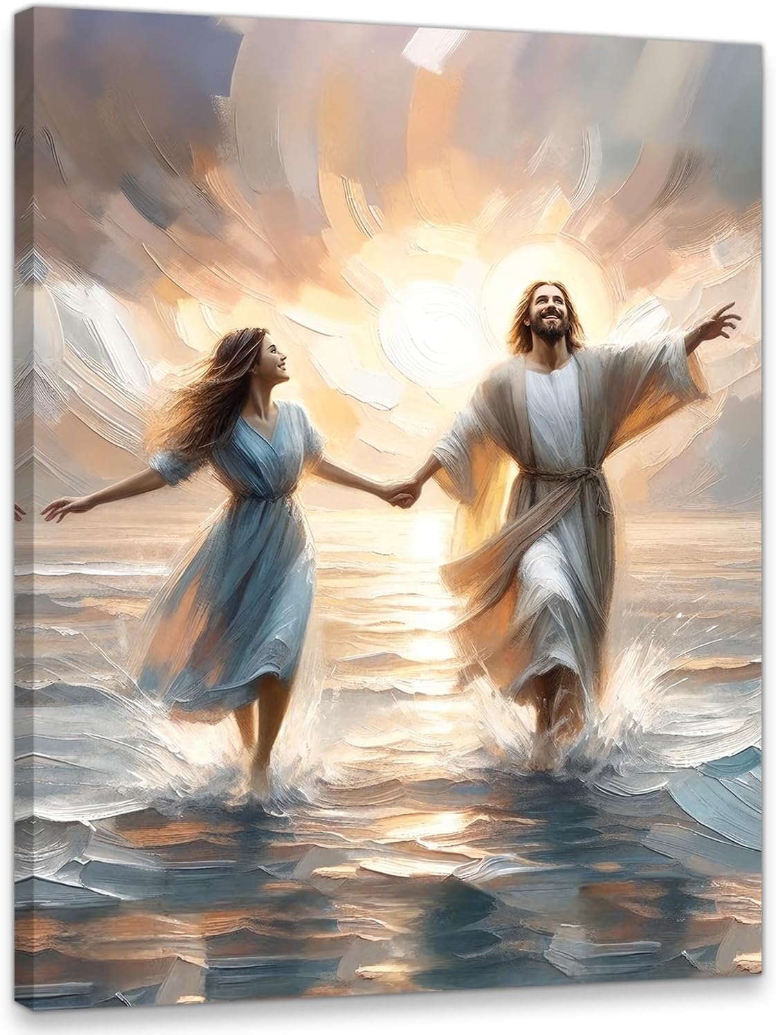 Jesus and Women Walking On Water Canvas Wall Art, Oil Paint Stripe Painting Poster, Christian Wall Decor, Jesus Picture for Wall Living Room Church Bedroom Home Decoratio 16*24 IN(Stretched Canvas on A Wooden Frame)