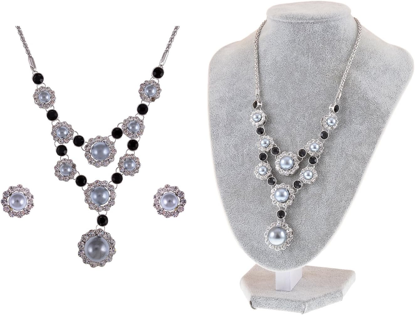 Alilang Black Grey Faux Pearl Sunflower Victorian Crystal Necklace Earring Set
