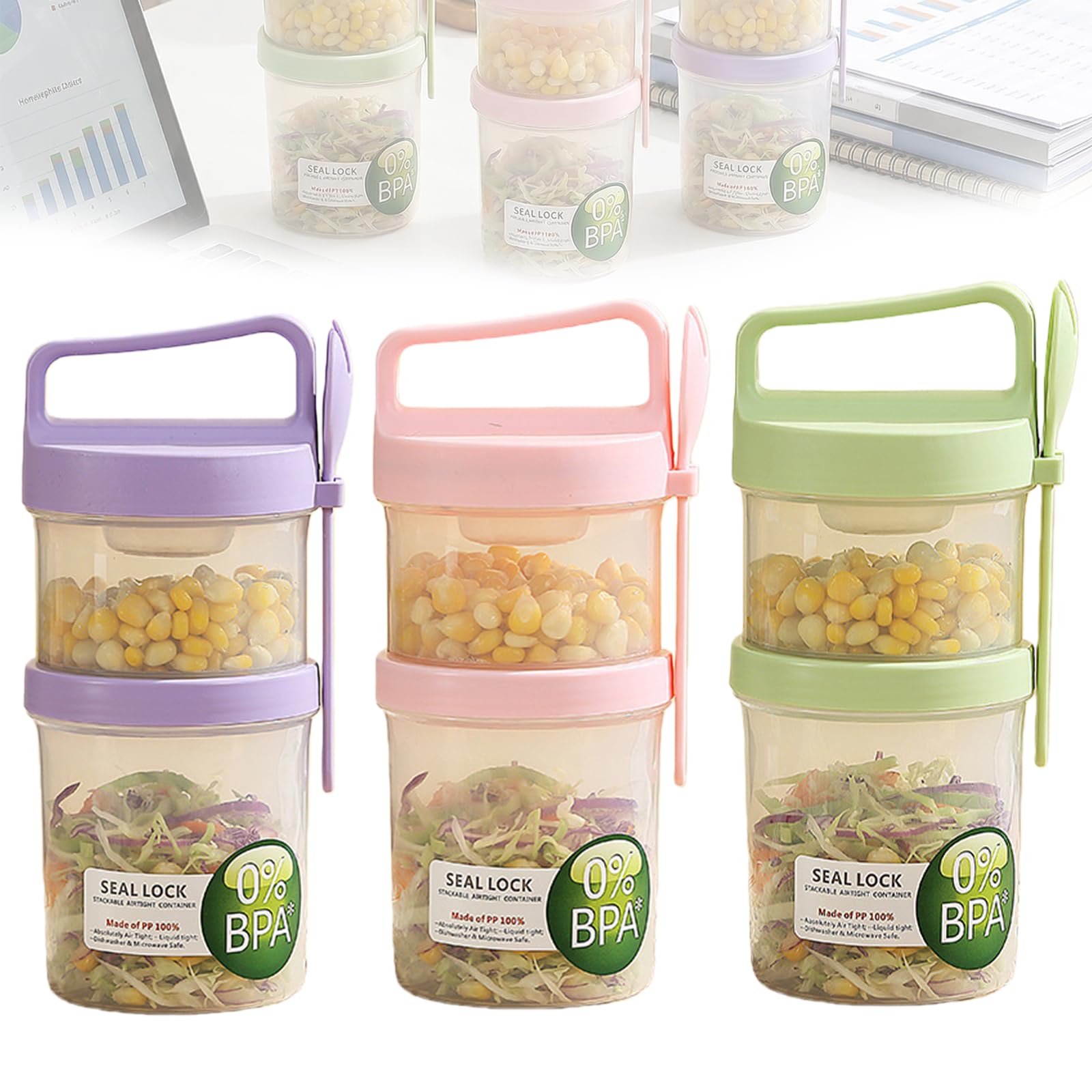 PRITOK Overnight Oats Jar: 3 Pack Portable Double-Layer PP BPA-Free Overnight Oats Container, Leak-Proof Yogurt Pots, Reusable Breakfast Jars for School, Office, Travel (Pink/Green/Purple,920ml Each)