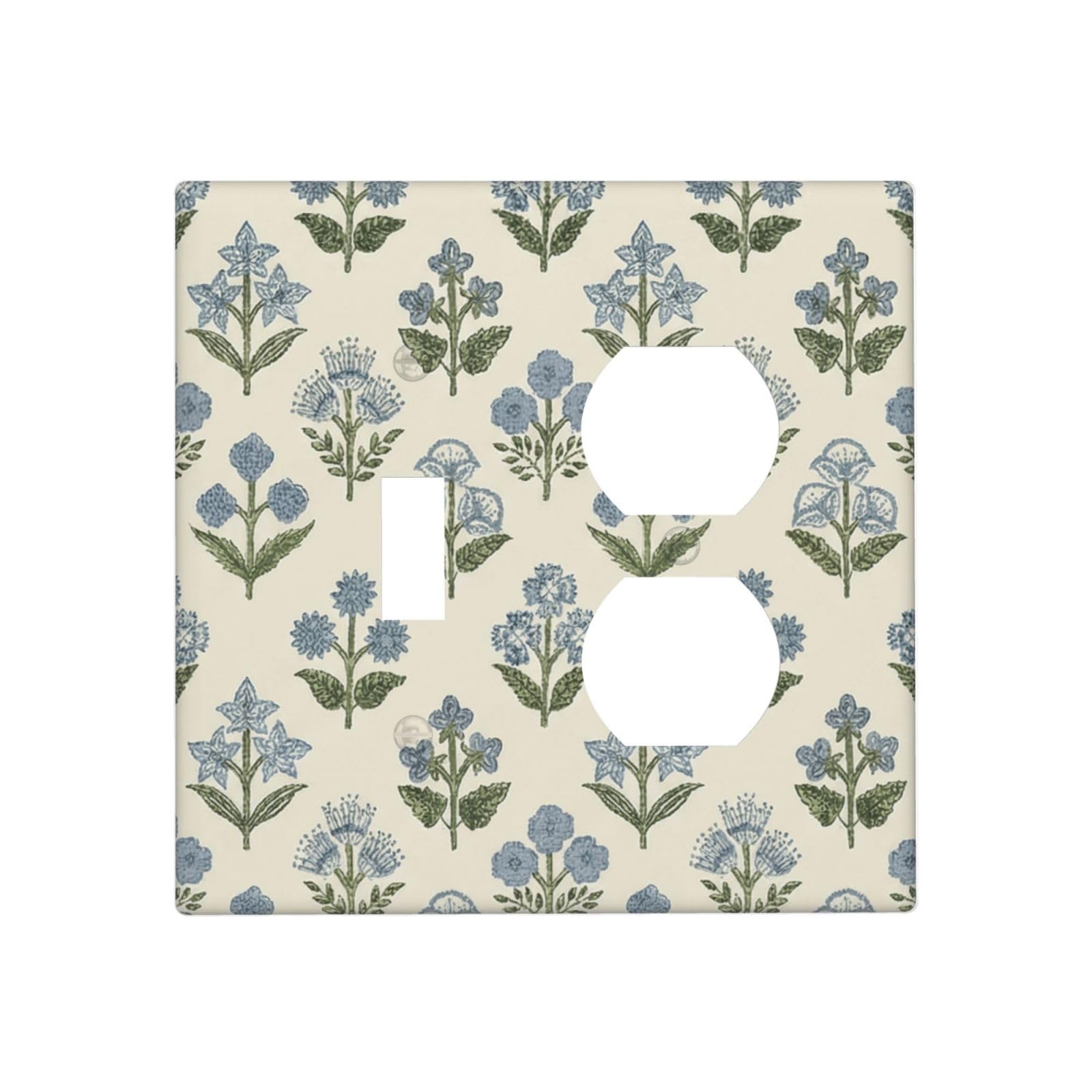 Beige Vintage Blue Floral Boho Flower 2 Gang 1 Toggle/Duplex Combo Outlet Light Switch Cover Wall Plate Combination Receptacle Faceplate Decorative Switchplate