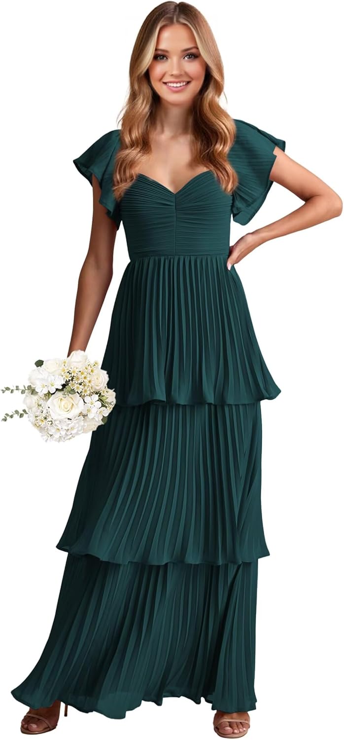 Women's Tiered Ruffles Chiffon Junior Bridesmaid Dresses for Women A Line Peacock Elegant Pl Size Formal Evening Gown with Pocket Short Sleeve Long Prom Dresses for Teens Size 20W