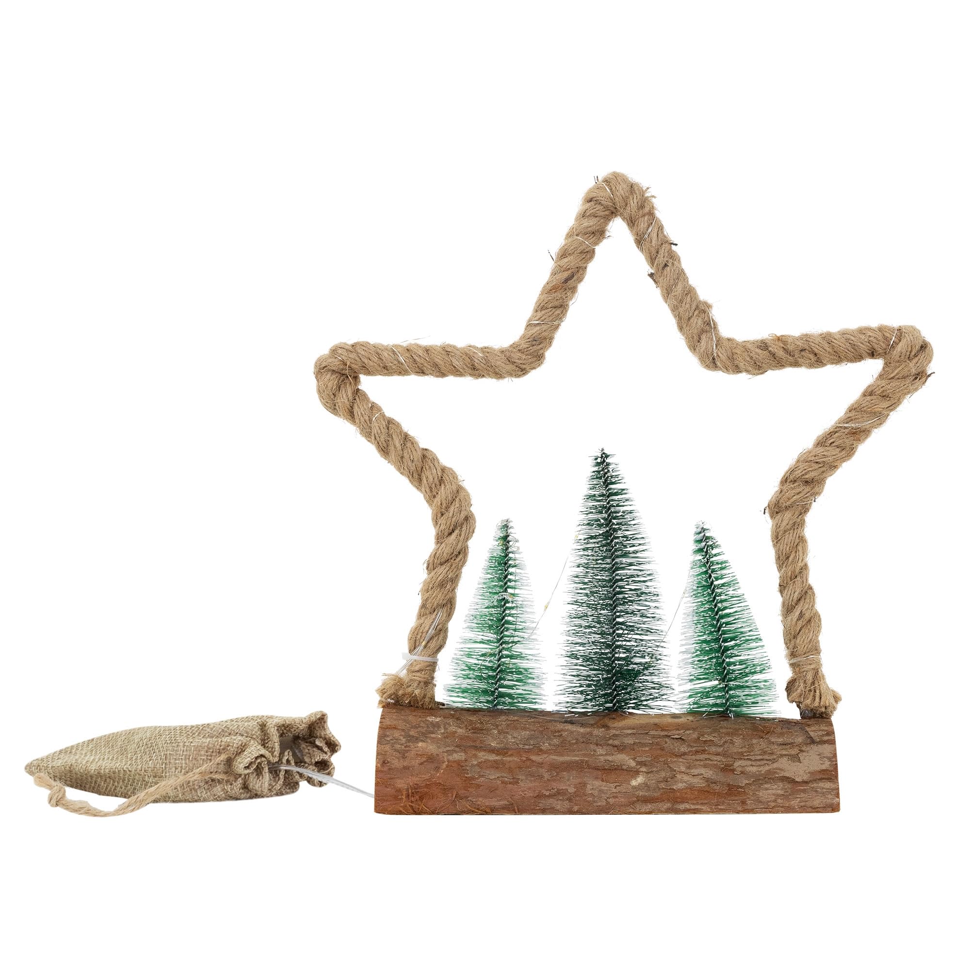 ECD Germany Estrella de Navidad Colgante con 30 Leds IP44 Iluminación Blanco Cálido 33x9,5x30 cm con 3 Abetos Bolsa de Yute Decoración Navideña con Temporizador Copo de Nieve de Adorno Festivo