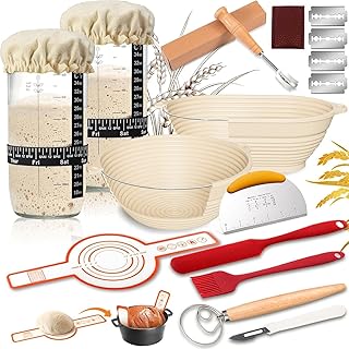 Set of 17 Sourdough Starter Kit, 2 Sourdough Starter Jar and 2 Banneton Proofing Basket, Silicone Baking Mat, Sourdough Br...