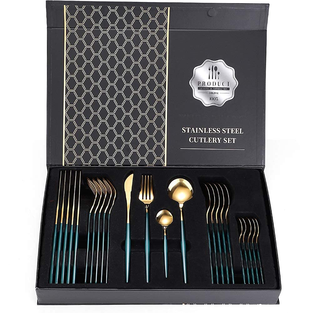 Ménagère 24 pièces, Vaisselle en Acier Inoxydable Comprenant Couteaux/cuillères/fourchettes, Lavable au Lave-Vaisselle avec boîte de Rangement Noire (Vert foncé)