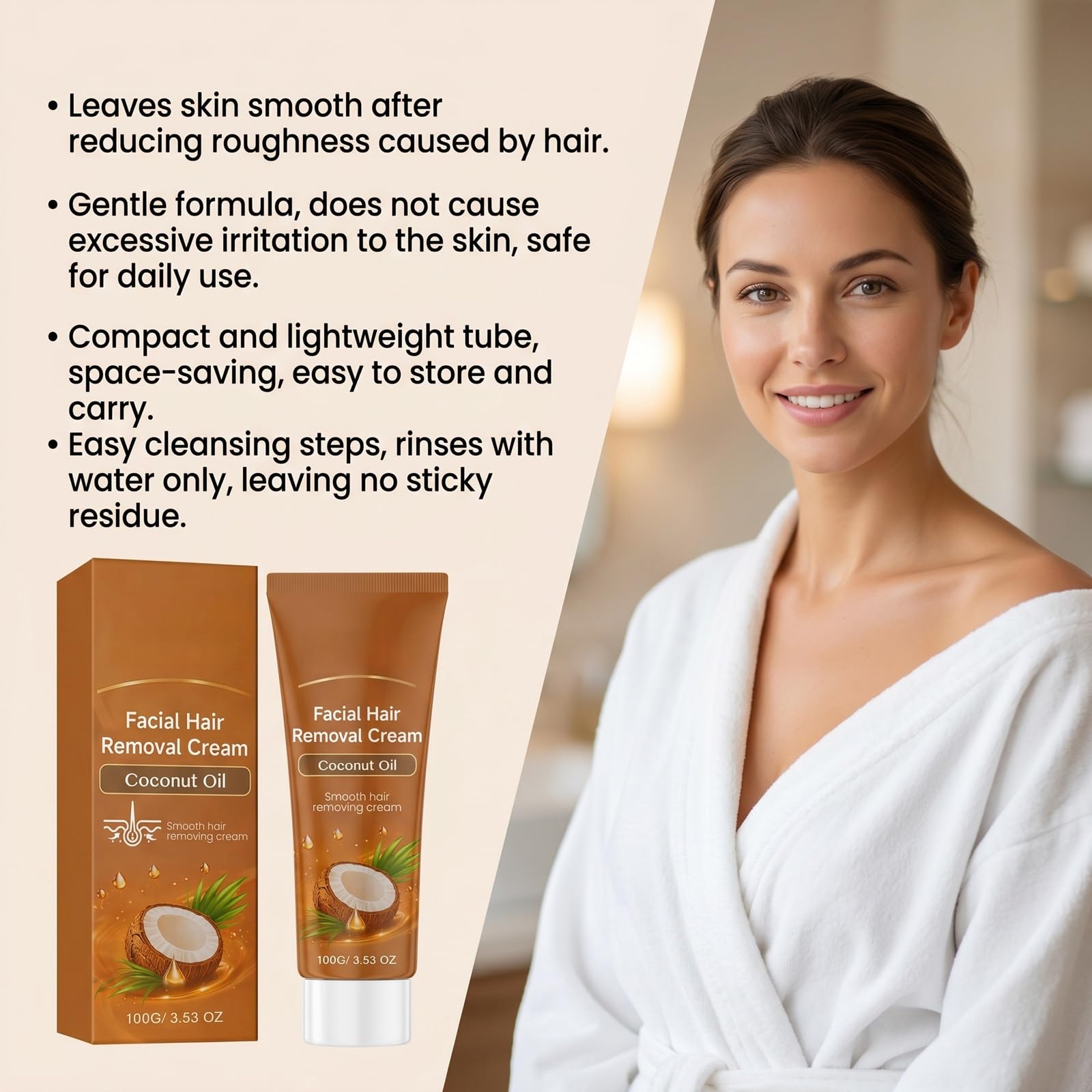 Crema de depilación facial de aceite de coco, cabello sin dolor, mujeres (6 unidades) | Espuma depilatoria suave para cara, barbilla y patillas, crema depilatoria de acción rápida para pieles sensibles