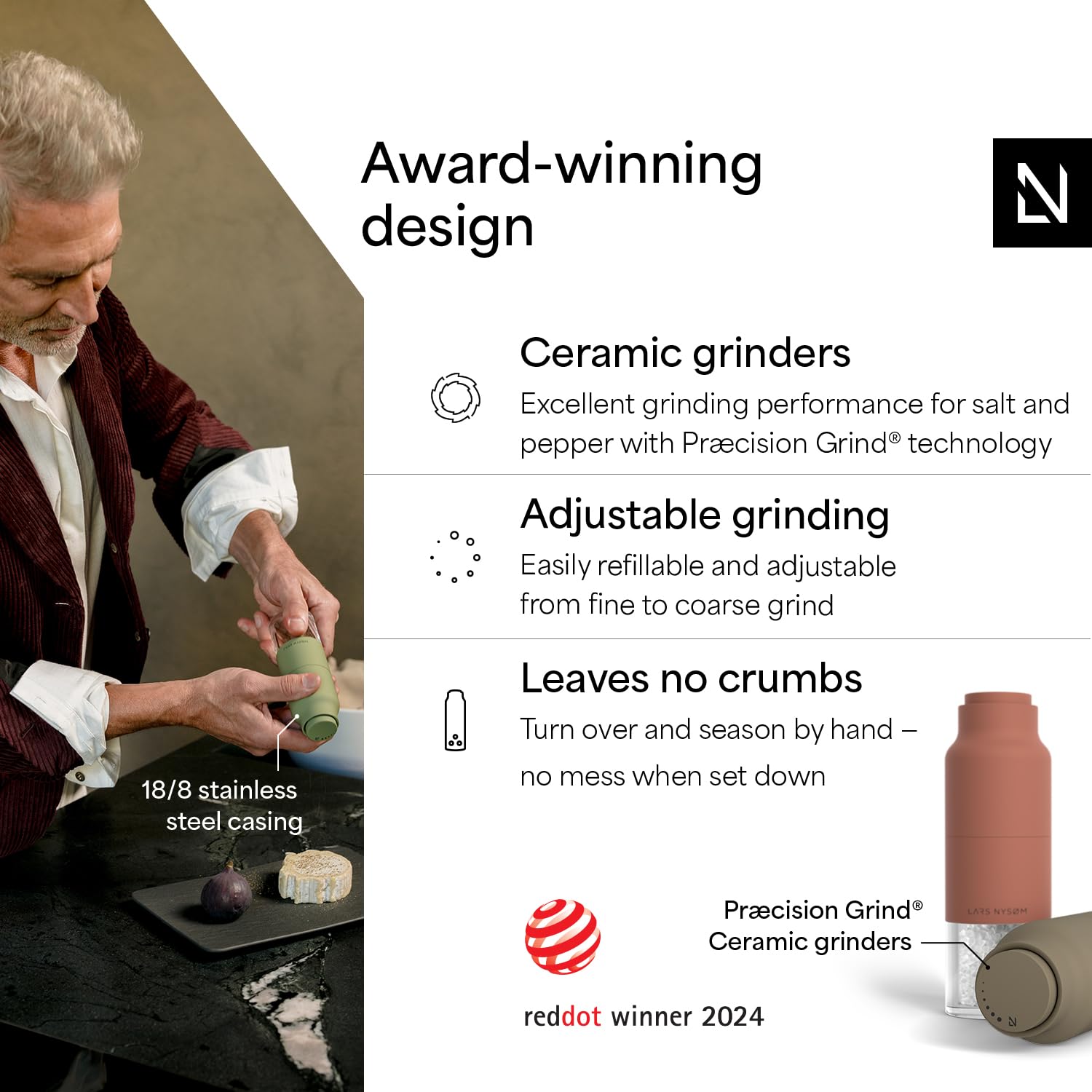 LARS NYSdiameter M Salt and Pepper Grinder Set Stainless Steel with Adjustable Grinder I Bottle Design Spice Mills Set Manual (Red/Brown) - Image 2