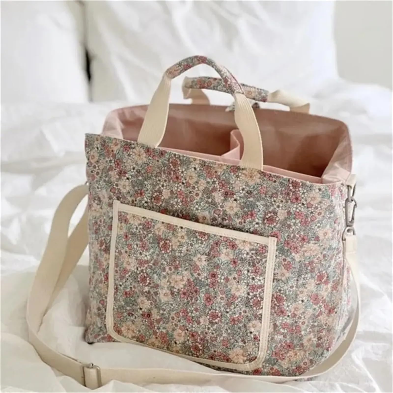 Tragbare Blumendruck-Mama-Kindertasche, multifunktionale Baumwoll-Umhängetasche, große Kapazität, Handtasche, Aufbewahrungstasche, Mutter-Kind-Kinderwagen-Taschen-Organizer