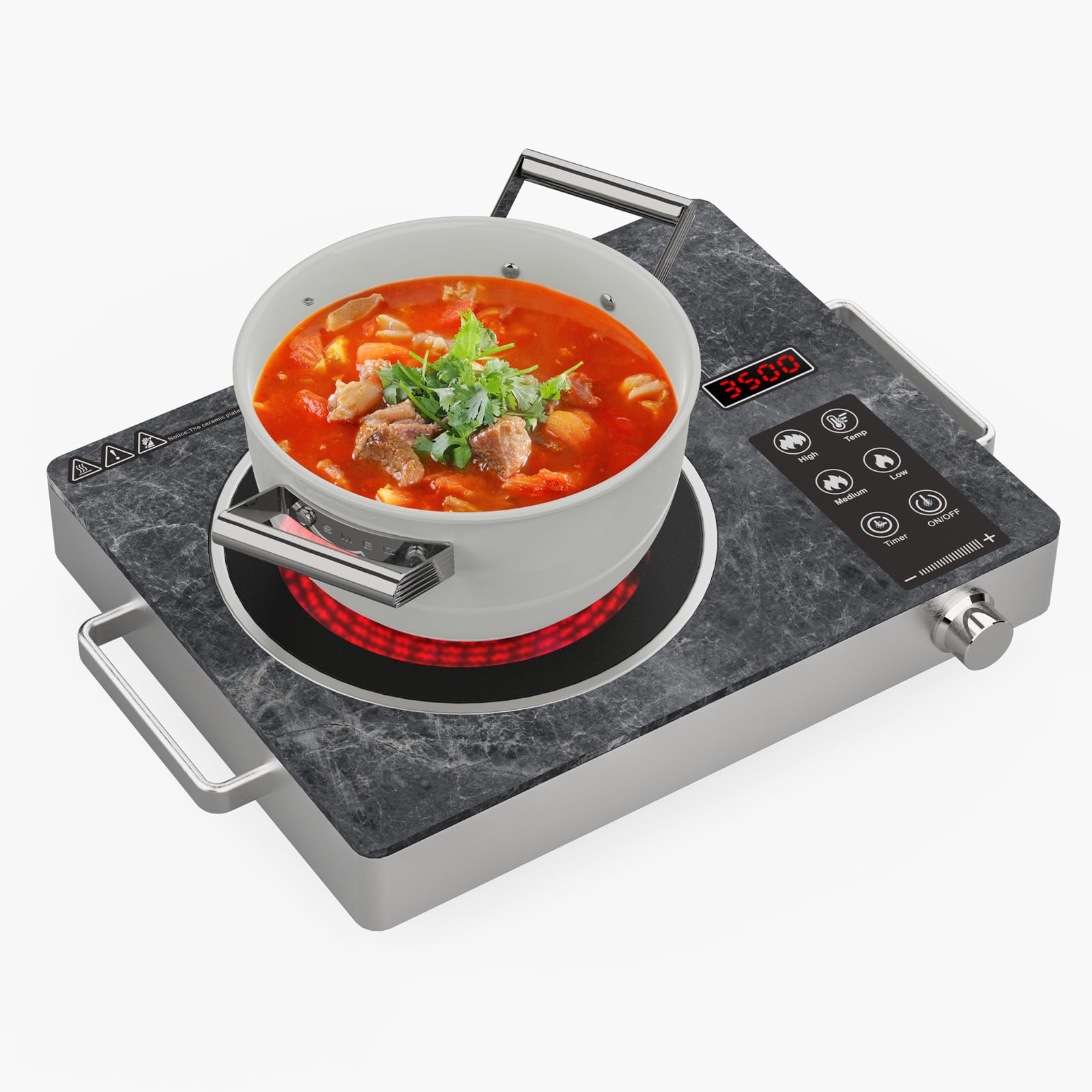 Plaque Vitrocéramique 3500W Infrarouge – Compatible avec Toutes les Casseroles, Verre Microcristallin, Sécurisée avec Arrêt Automatique, Design Marbre Écologique