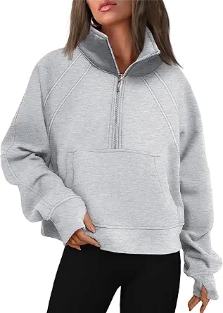 WYNNQUE Womens Half Zip Cropped Pullover Sweatshirts Fleece Quarter Zipper Hoodies Winter Clothes Sweaters Thumb Hole
